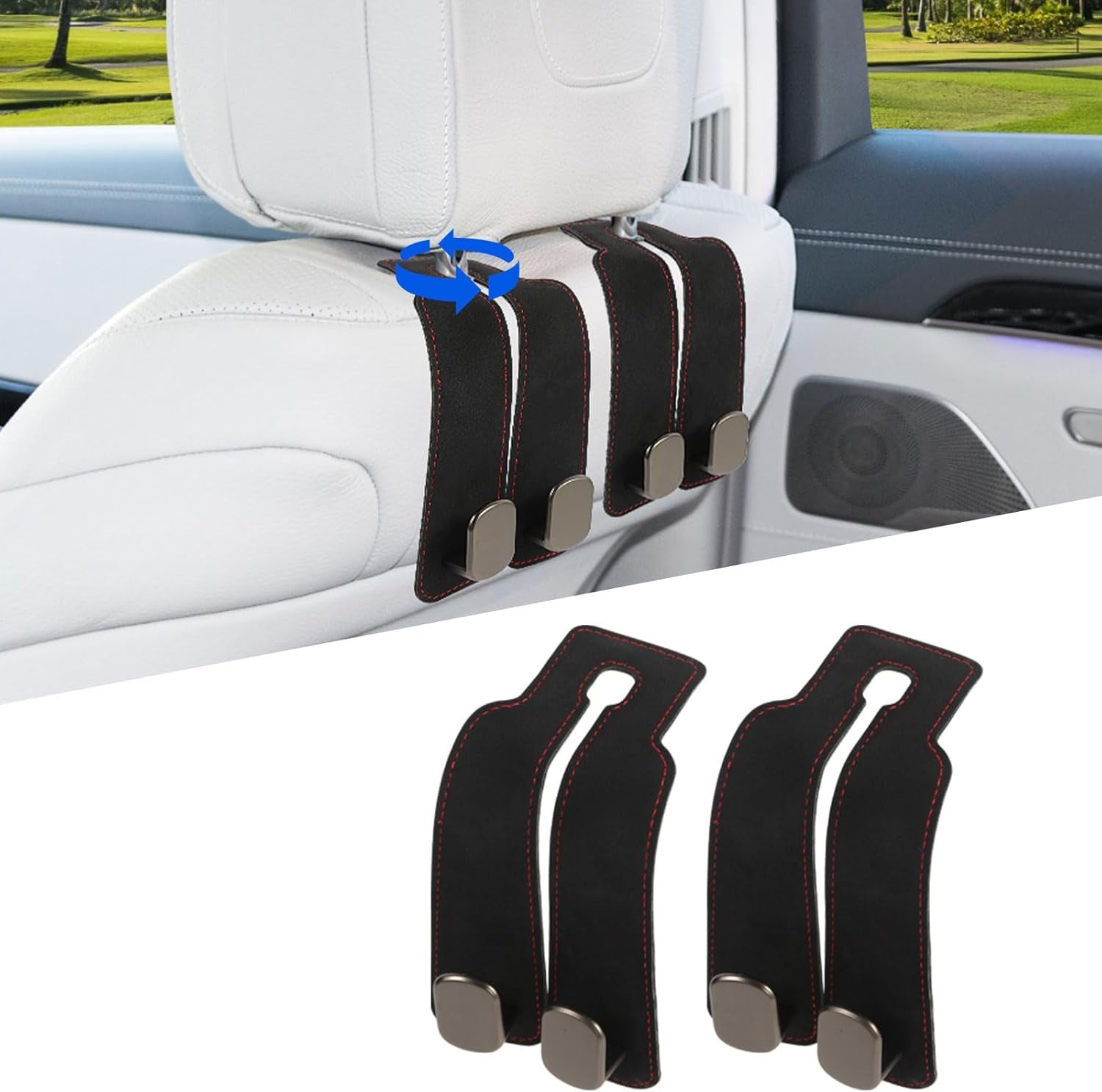 2 Pcs Multifunctional Headrest Hooks for Car, Premium Suede Material Purse Holder for Car, Double Car Seat Hooks for Headrest, Car Headrest Hook Fits Universal Car Seat Back Storage Hook - Revved Up Auto