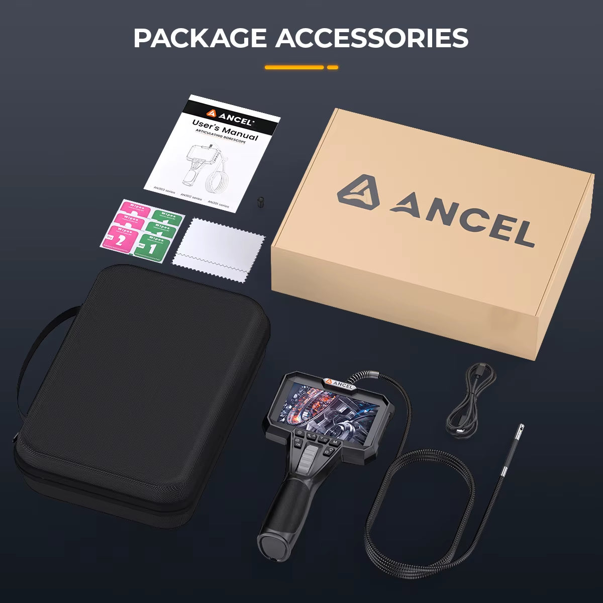 AN302 Automotive Endoscope Two-Way Articulating Borescope with 7 LED Lights Dual Camera HD Endoscope Car Inspection Tools