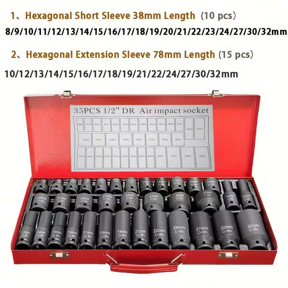 35-Piece 1/2In. Professional Pneumatic Socket Set with Long & Short Sockets, Air Cannon, Hex Extensions, and Rotary Tool