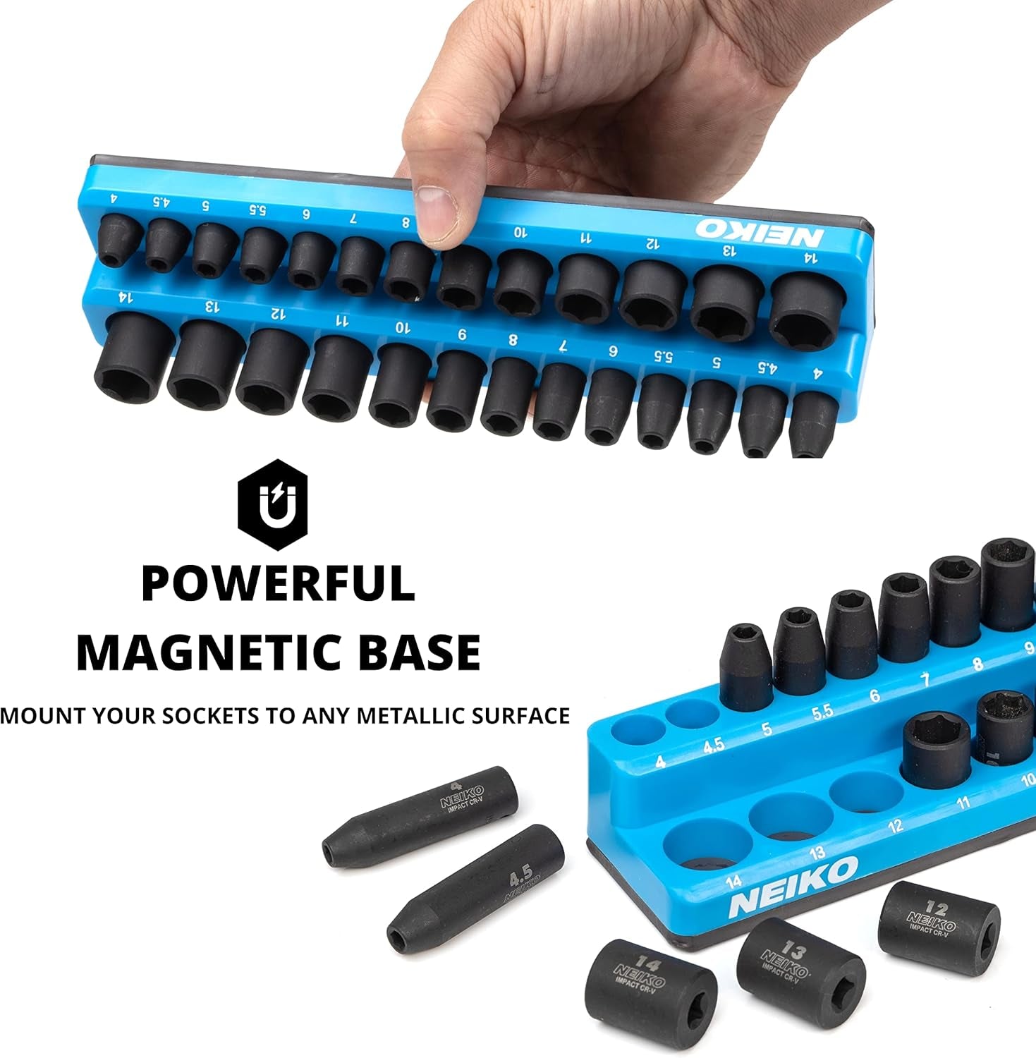 03973A Magnetic Socket Holder, 1/4” Drive, 4Mm-14Mm, Shallow & Deep Sockets Tray, Metric Socket Set Organizer, Socket Organizers for Toolboxes Trays, Scratch Free Mounting, High Visibility - Revved Up Tools