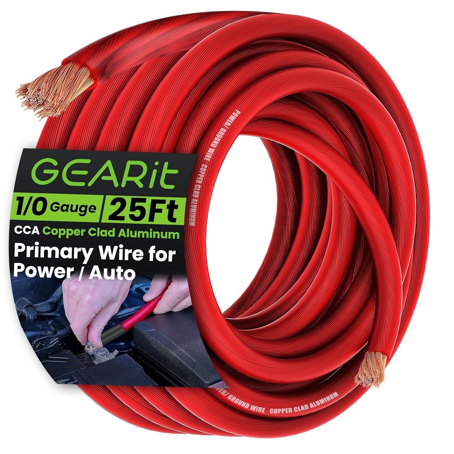 1/0 Gauge Wire (25Ft - Red Translucent) Copper Clad Aluminum CCA - Primary Automotive Wire Power/Ground, Battery Cable, Car Audio Speaker, RV Trailer, Amp, Electrical 0Ga AWG 25 Feet - Revved Up Auto