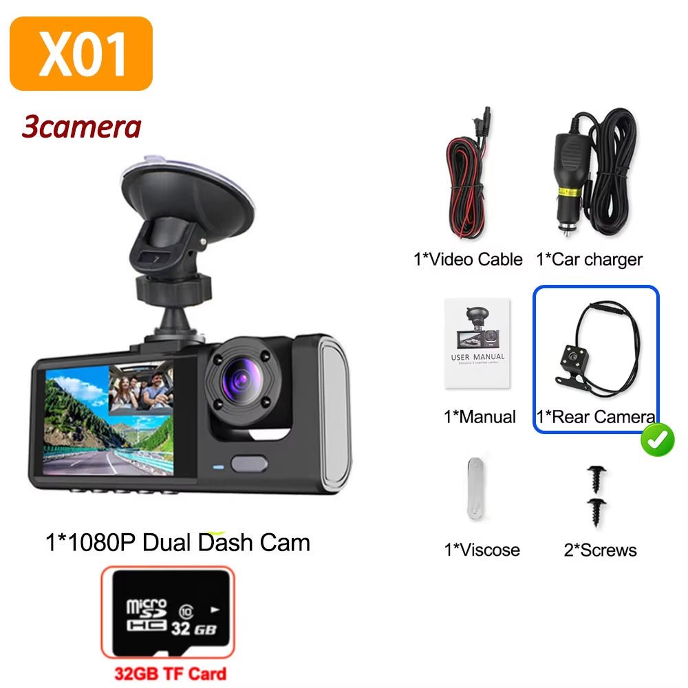 1080P Car Dvr 3 Camra Dash Cam for Cars Camera for Vehicle Recorder Video Front and Rear Camera W/ IR Night Vision Dashcam - Revved Up Tools