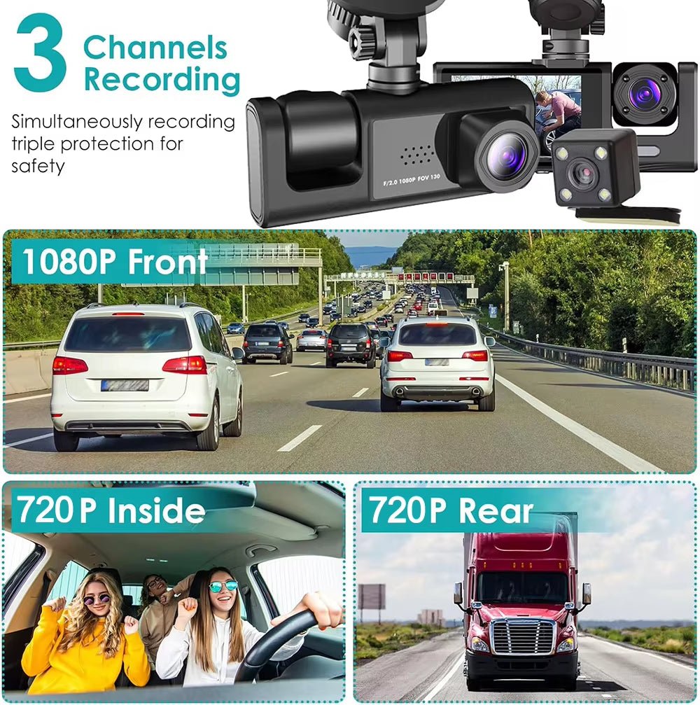1080P Car Dvr 3 Camra Dash Cam for Cars Camera for Vehicle Recorder Video Front and Rear Camera W/ IR Night Vision Dashcam - Revved Up Tools