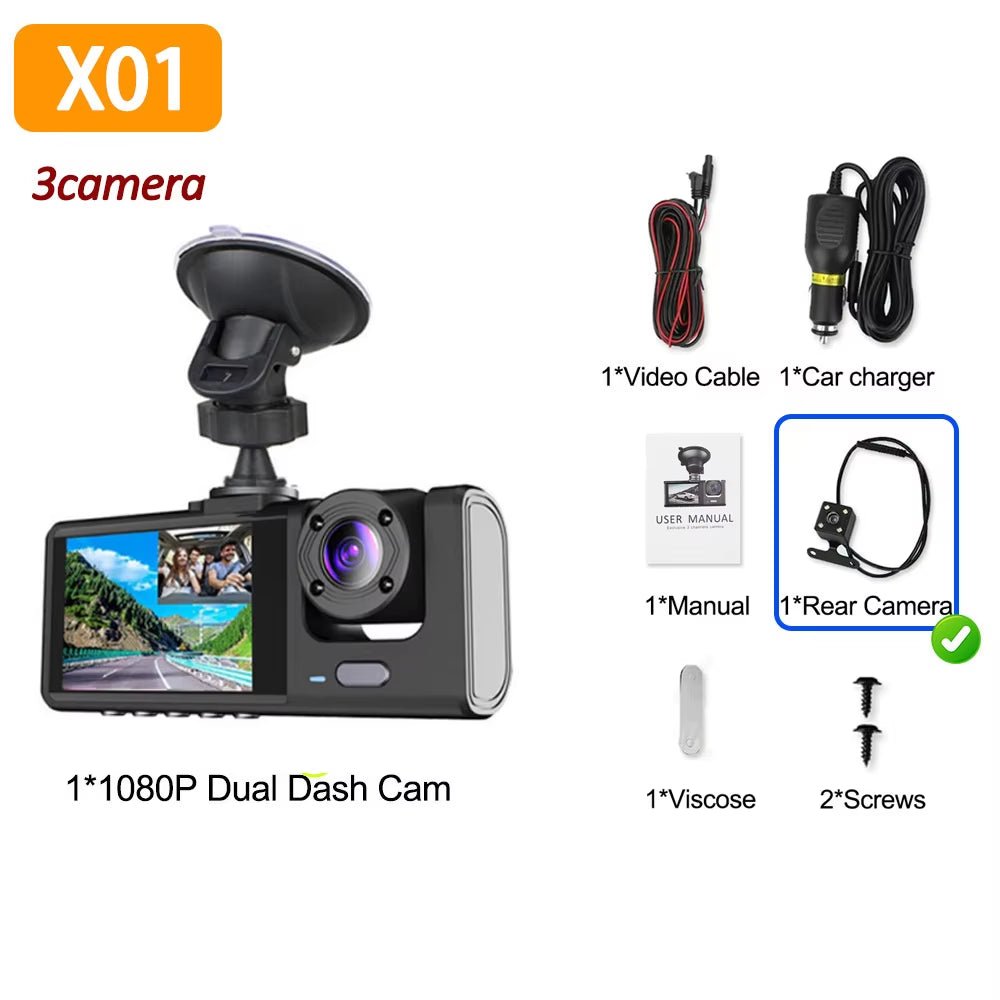 1080P Car Dvr 3 Camra Dash Cam for Cars Camera for Vehicle Recorder Video Front and Rear Camera W/ IR Night Vision Dashcam - Revved Up Tools