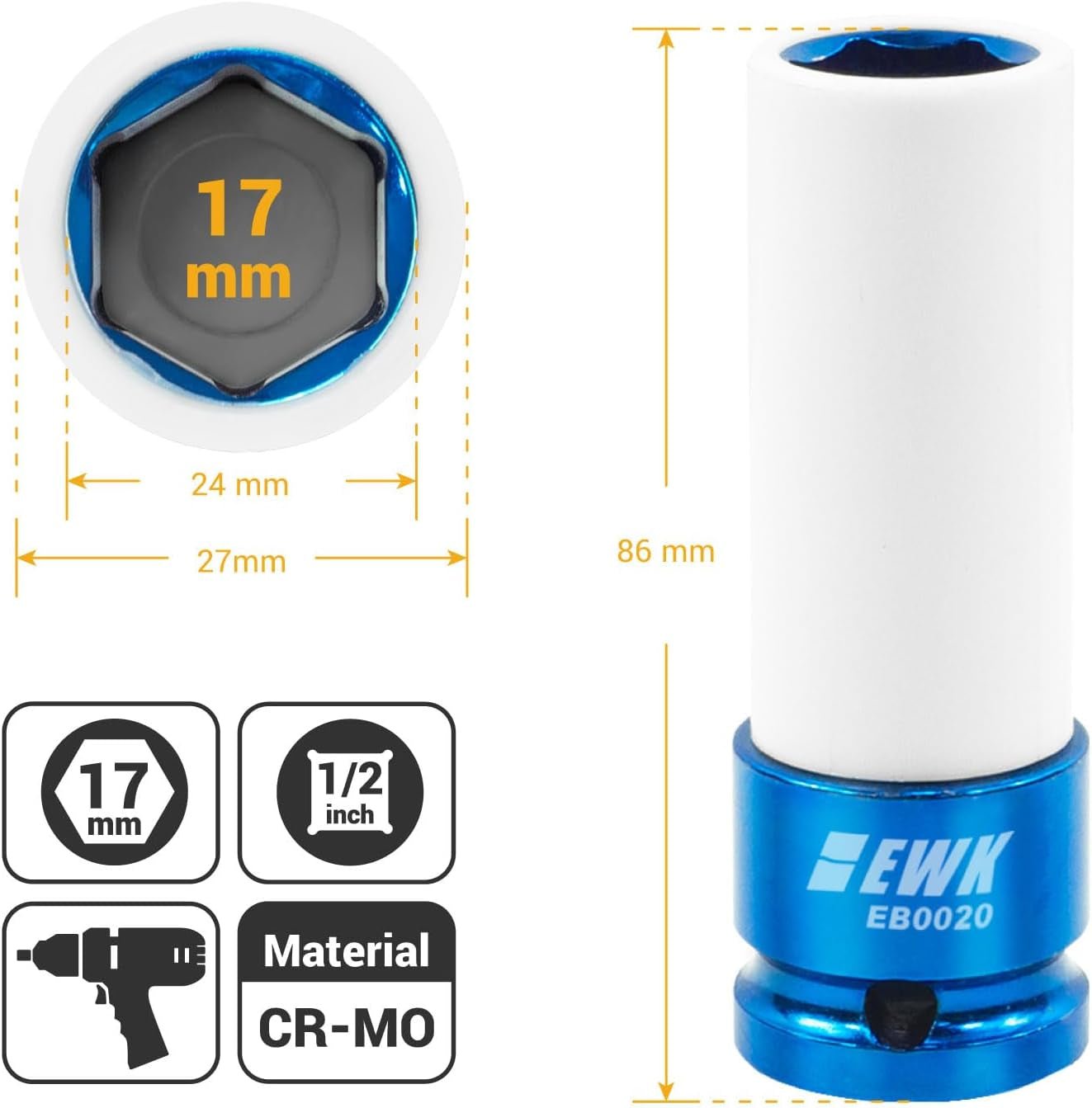 1/2" Drive 17 Mm CR-MO Lug Nut Impact Socket, Non-Marring Thin Wall Wheel Rim Protector Socket - Revved Up Tools