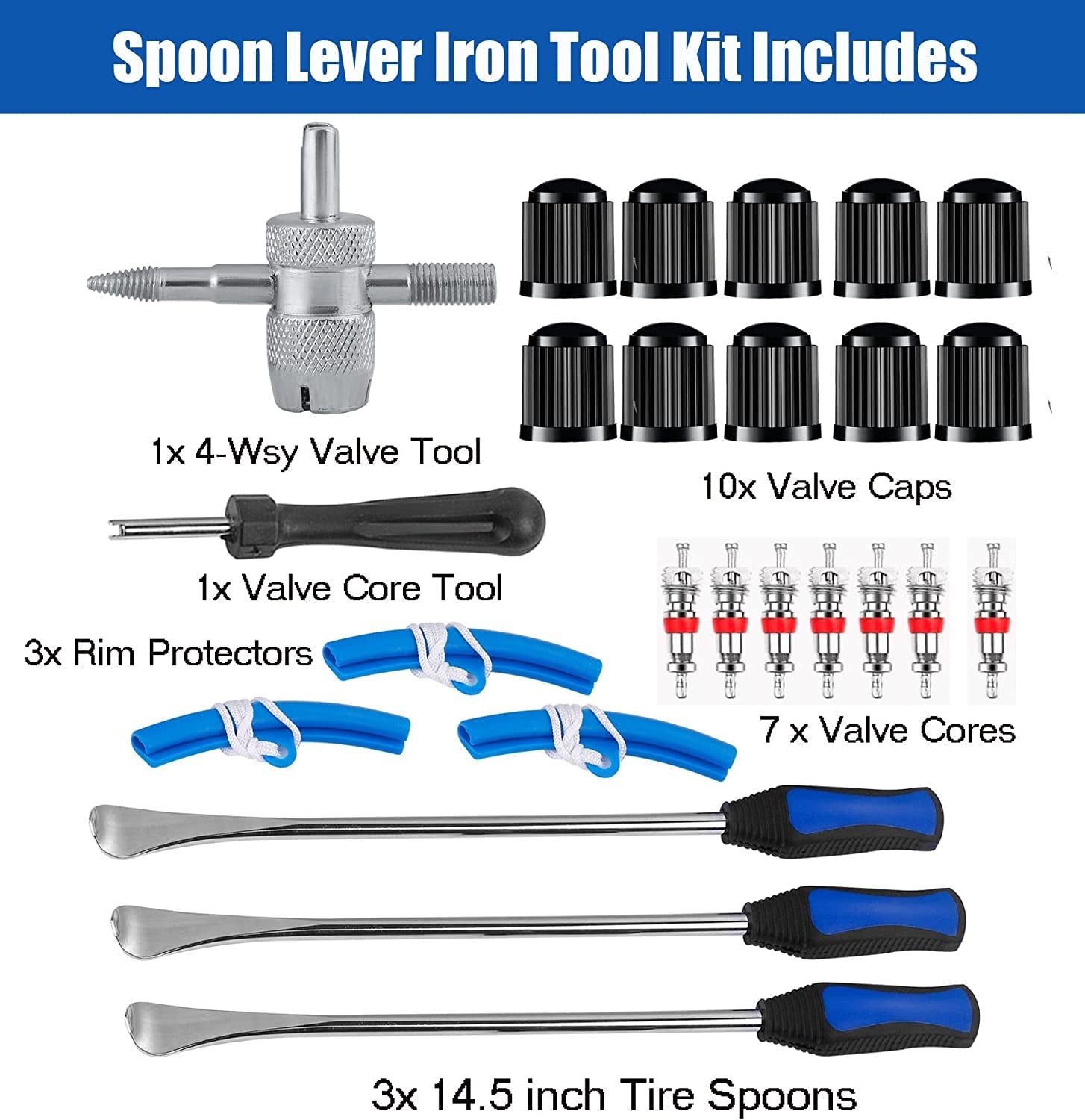 14.5"Tire Spoons Motorcycle Dirt Bike Tire Changing Tools Iron Set ,Tire Spoon Levers Tire Changer Kit for ATV Lawn Mower with Tire Spoons, Rim Protector, Valve Tool ,Valve Cap and Valve Cores - Revved Up Auto