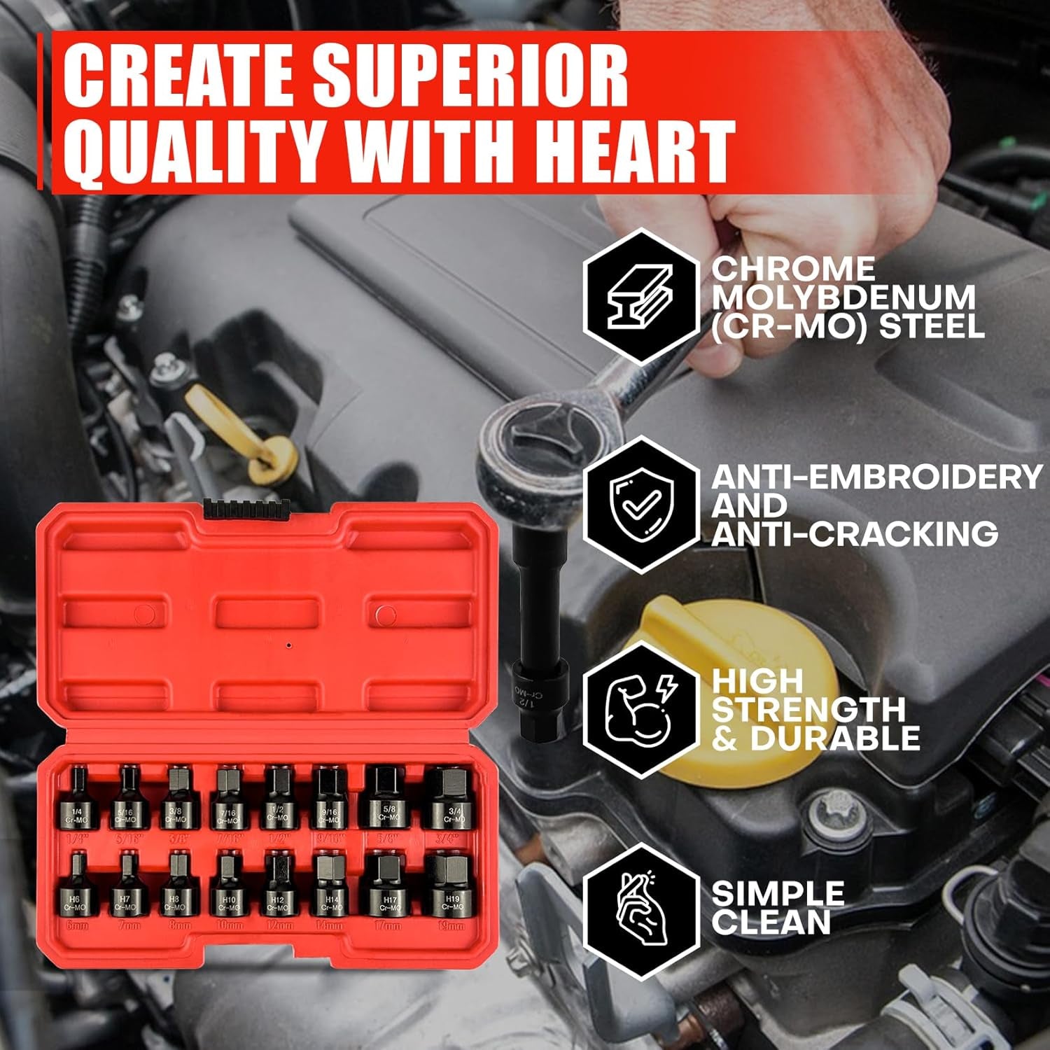 16 Piece 3/8 - Inch Drive Low Profile Impact Hex Driver Set,Sae/Metric,1/4 Inch - 3/4 Inch, 6Mm - 19Mm, Cr - Mo Steel, Hex Bit Socket Set, Heavy Duty Storage Case - Revved Up Auto