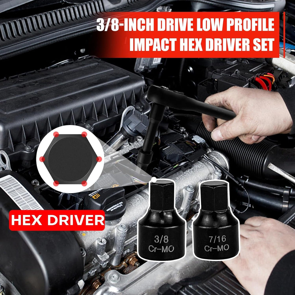 16 Piece 3/8 - Inch Drive Low Profile Impact Hex Driver Set,Sae/Metric,1/4 Inch - 3/4 Inch, 6Mm - 19Mm, Cr - Mo Steel, Hex Bit Socket Set, Heavy Duty Storage Case - Revved Up Auto