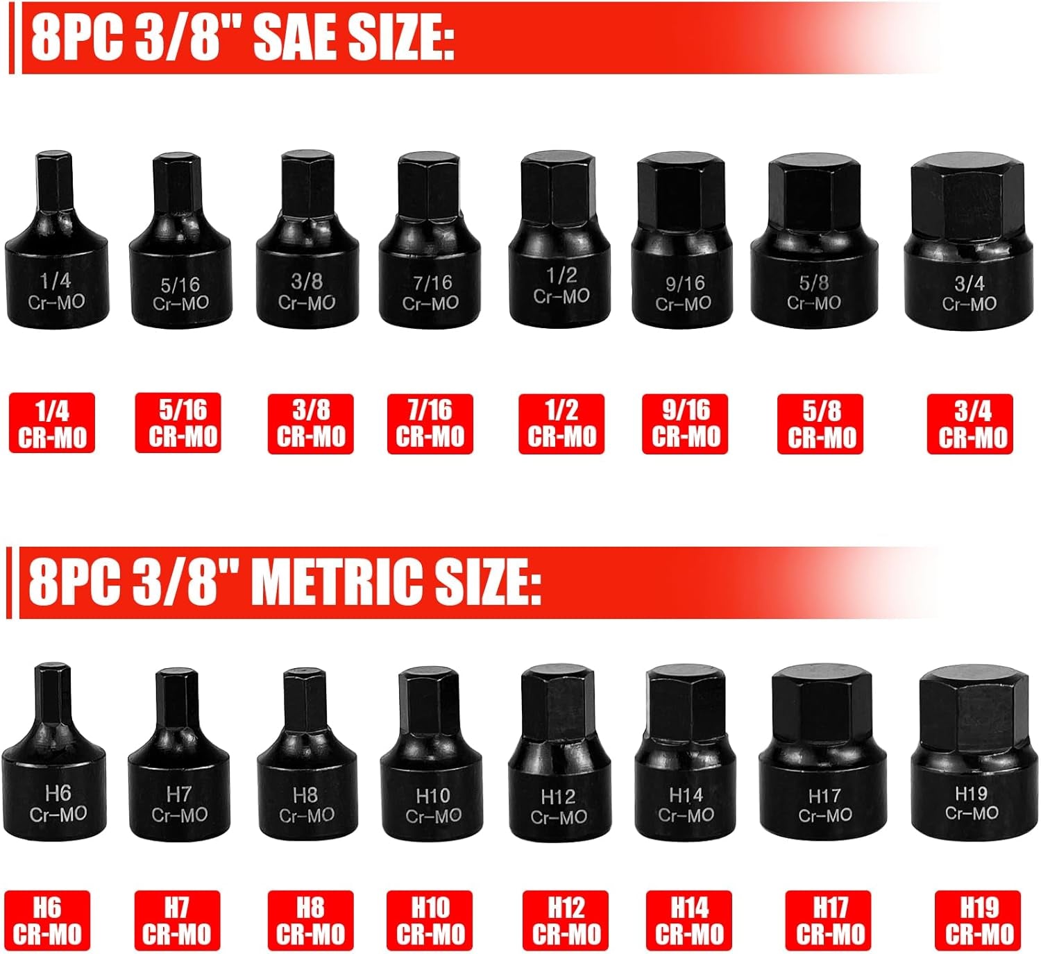 16 Piece 3/8 - Inch Drive Low Profile Impact Hex Driver Set,Sae/Metric,1/4 Inch - 3/4 Inch, 6Mm - 19Mm, Cr - Mo Steel, Hex Bit Socket Set, Heavy Duty Storage Case - Revved Up Auto