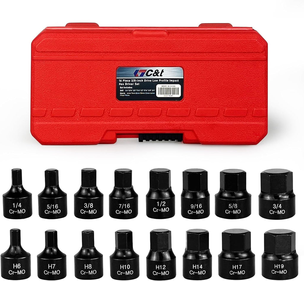 16 Piece 3/8 - Inch Drive Low Profile Impact Hex Driver Set,Sae/Metric,1/4 Inch - 3/4 Inch, 6Mm - 19Mm, Cr - Mo Steel, Hex Bit Socket Set, Heavy Duty Storage Case - Revved Up Auto