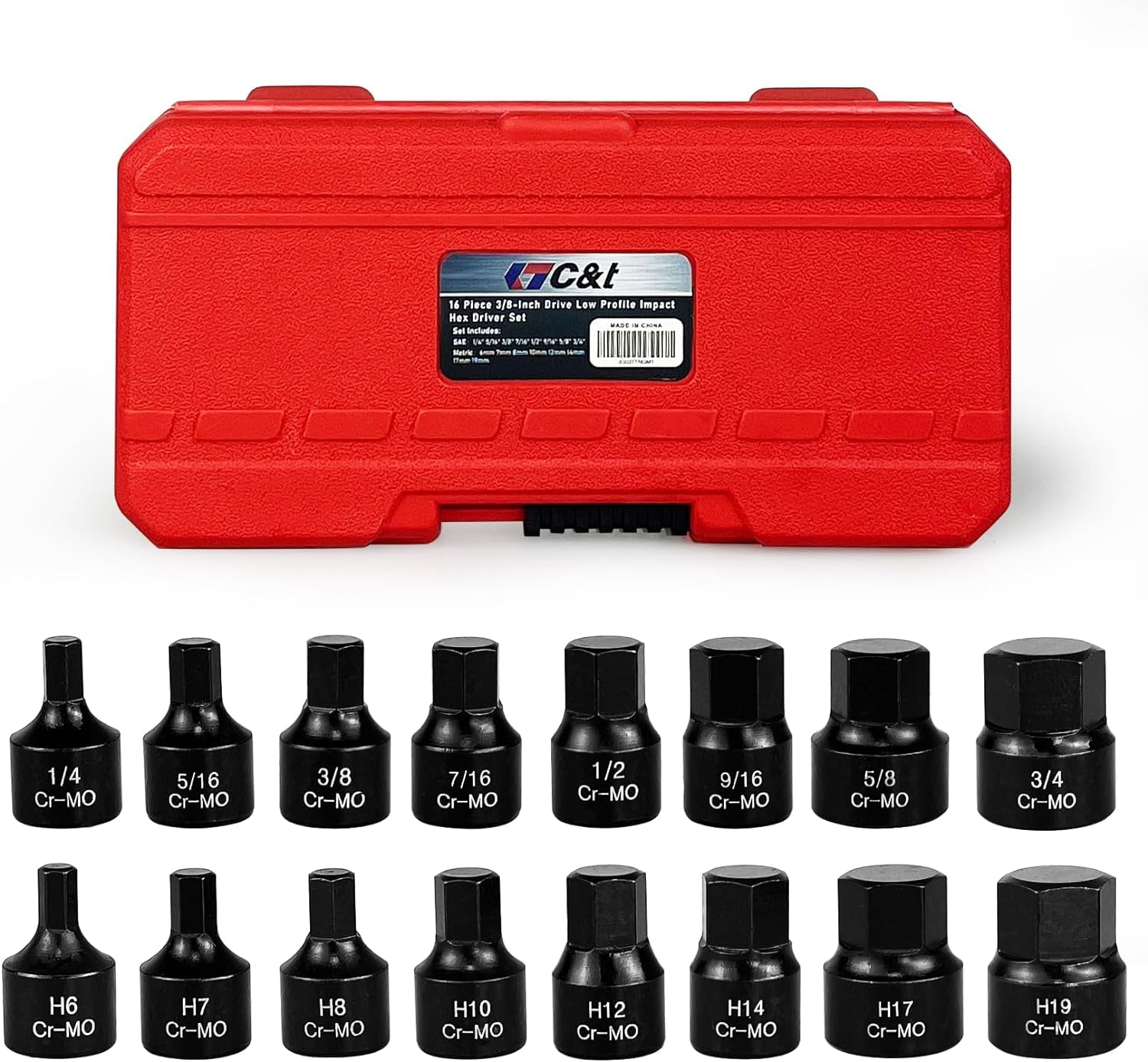 16 Piece 3/8 - Inch Drive Low Profile Impact Hex Driver Set,Sae/Metric,1/4 Inch - 3/4 Inch, 6Mm - 19Mm, Cr - Mo Steel, Hex Bit Socket Set, Heavy Duty Storage Case - Revved Up Auto