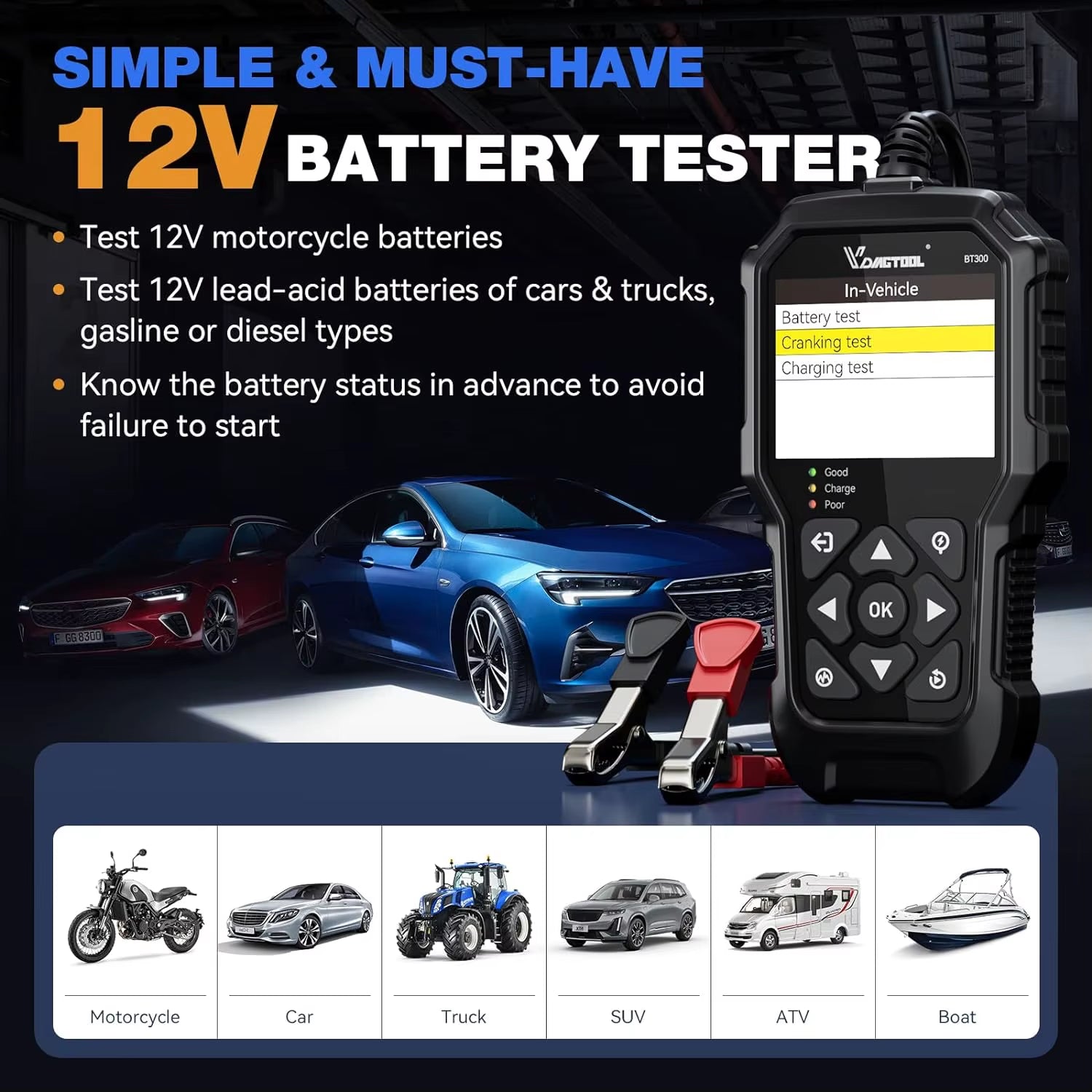 BT300 5-3000 CCA Car Battery Tester 6V 12V Automotive Charging Cranking Scanner Tools for Motorcycle Car Truck SUV