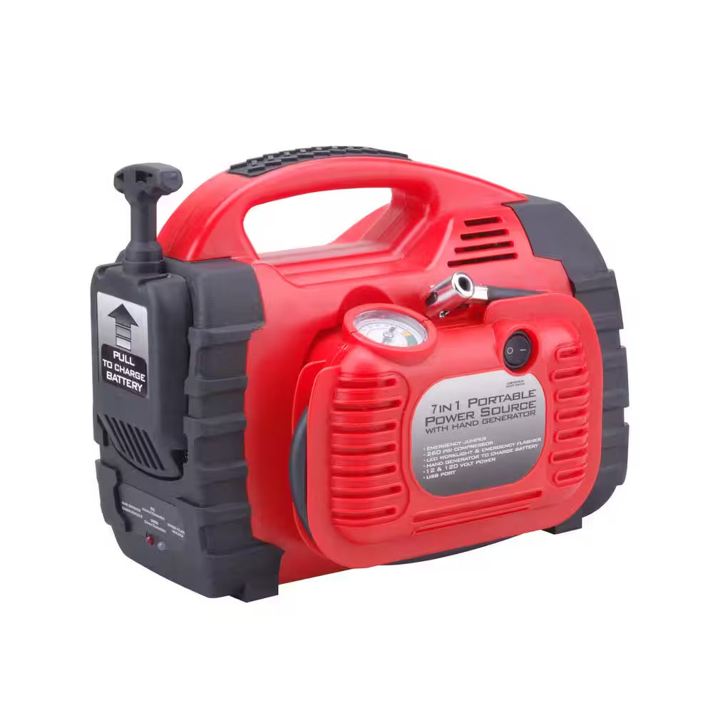 12-Volt/Usb Power 7-In-1 Portable Power Station, Jump Starter, Air Compressor, Manual Generator, Battery Charger