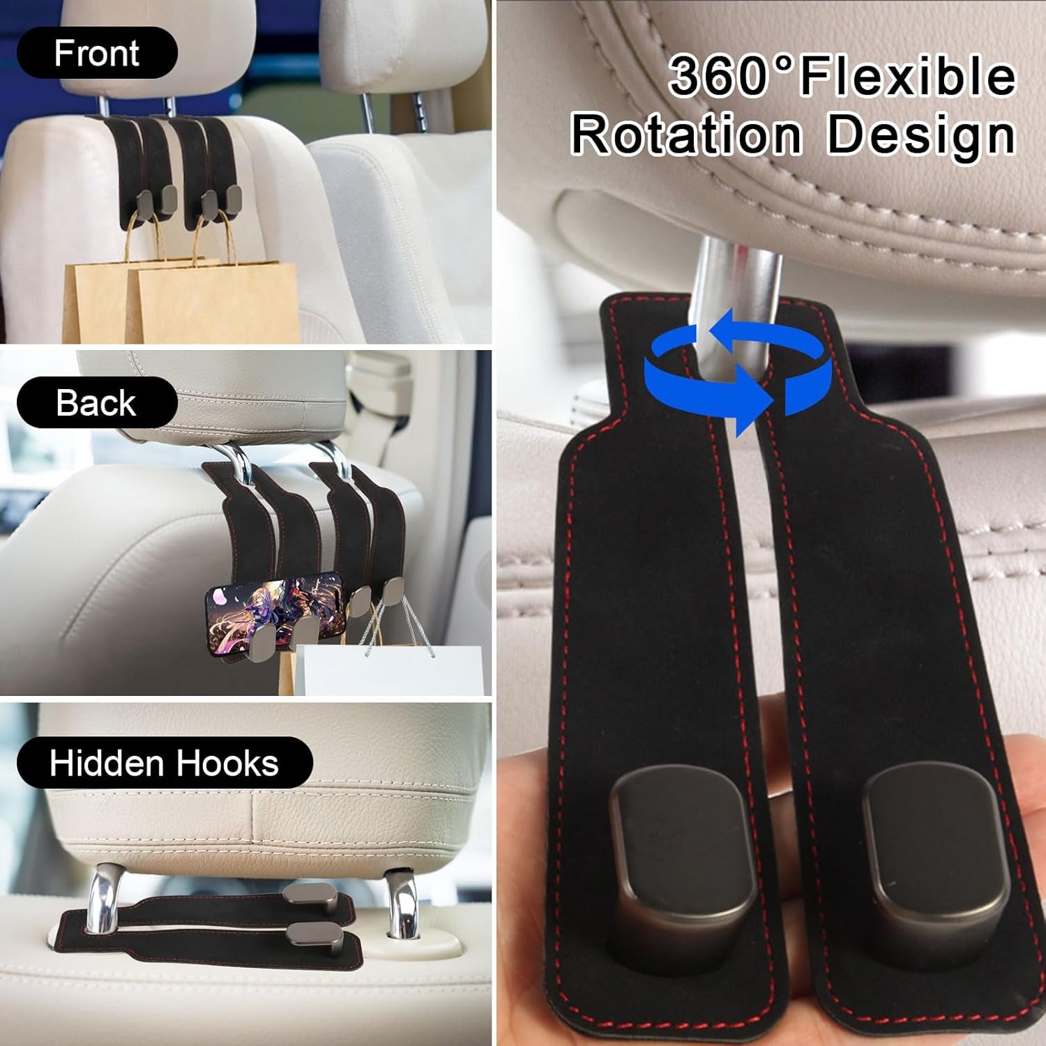 2 Pcs Multifunctional Headrest Hooks for Car, Premium Suede Material Purse Holder for Car, Double Car Seat Hooks for Headrest, Car Headrest Hook Fits Universal Car Seat Back Storage Hook - Revved Up Auto
