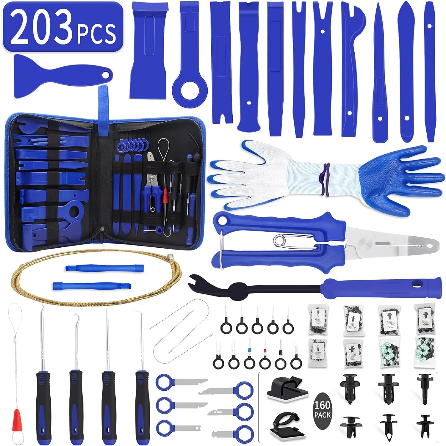 203Pcs Trim Removal Tool Kit, Car Panel/Door/Audio Removal Tool Set, Auto Clip Pliers/Fastener Terminal Remover Tool, Push Pin Bumper Retainer Clip, Plastic Pry Tool Set with Storage Bag, Blue - Revved Up Auto