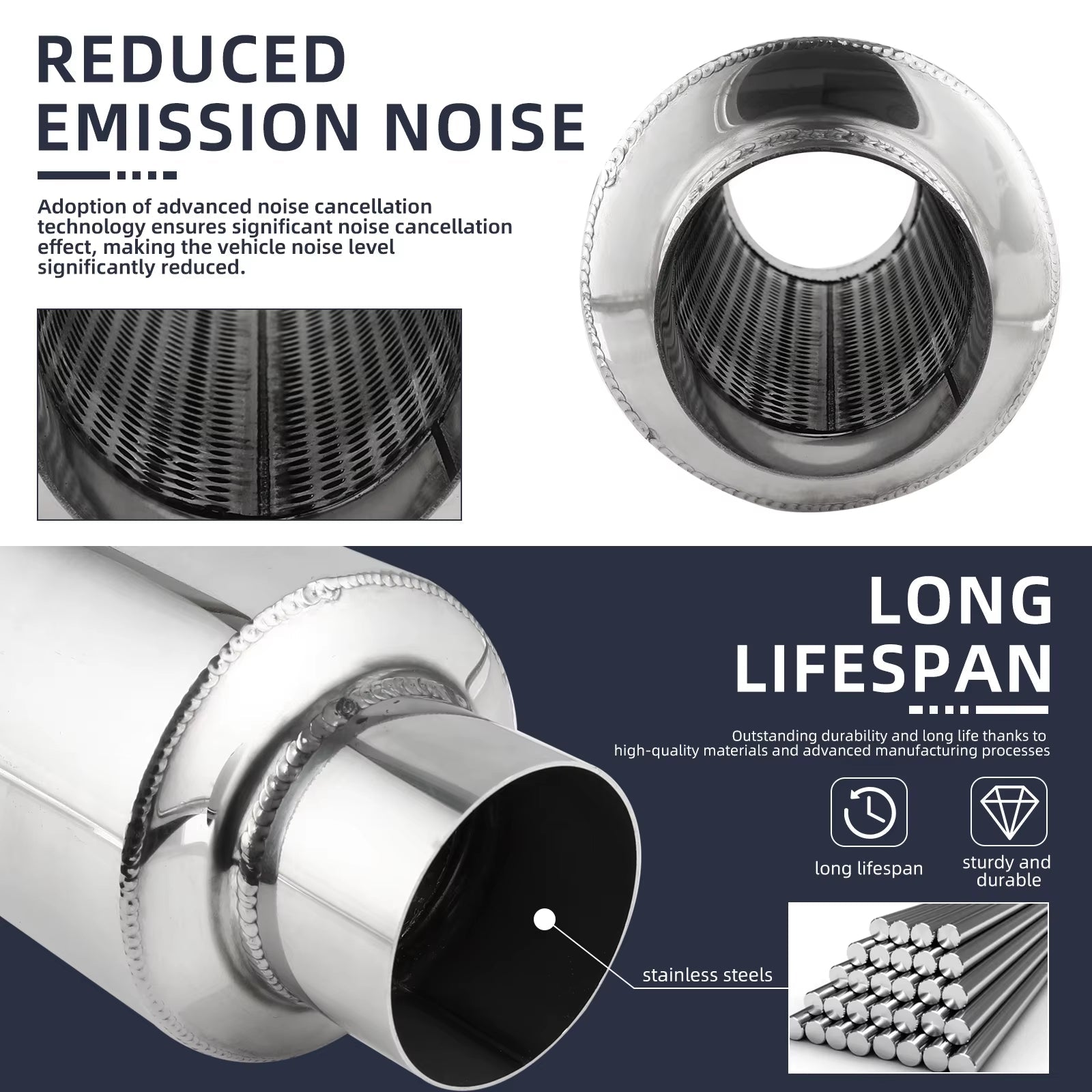 2.5"/3'' Car Exhaust Muffler Silencer Resonator Length 12" Stainless Steel Muffler Tip Silencer Exhaust System for Ford - Revved Up Tools