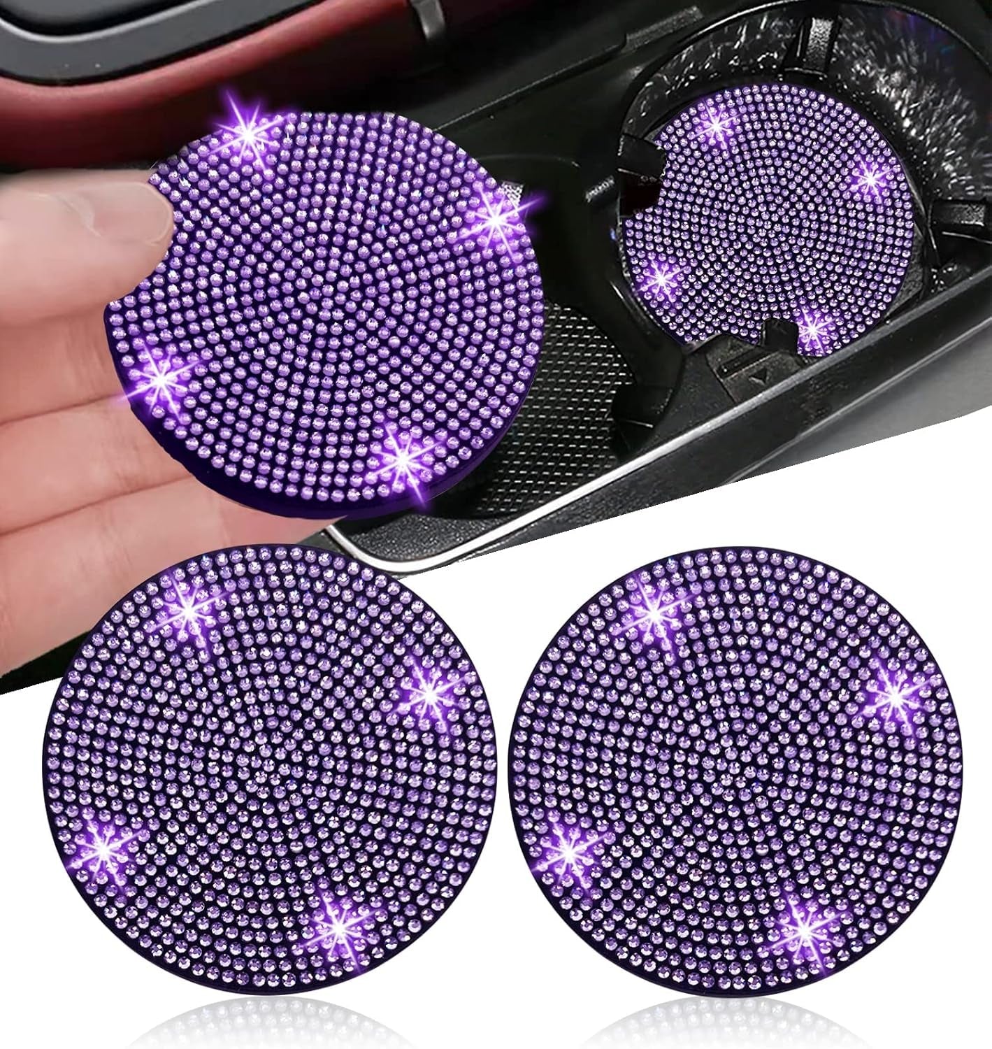 2Pcs Bling Car Cup Holder Coaster, 2.75 Inch Anti - Slip Shockproof Universal Fashion Vehicle Car Coasters Insert Bling Rhinestone Auto Automotive Interior Accessories for Women (2 Pcs, Purple Violet) - Revved Up Auto