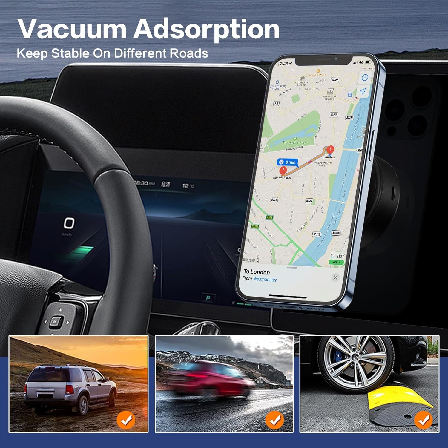 360 Rotatable Car Magnetic Phone Holder - Car Electric Suction Cup Vacuum Magnetic Phone Holder, Compatible with All Phone Types, Vacuum Phone Mount for Car Gym Bath Shower & All Smooth Surface - Revved Up Auto