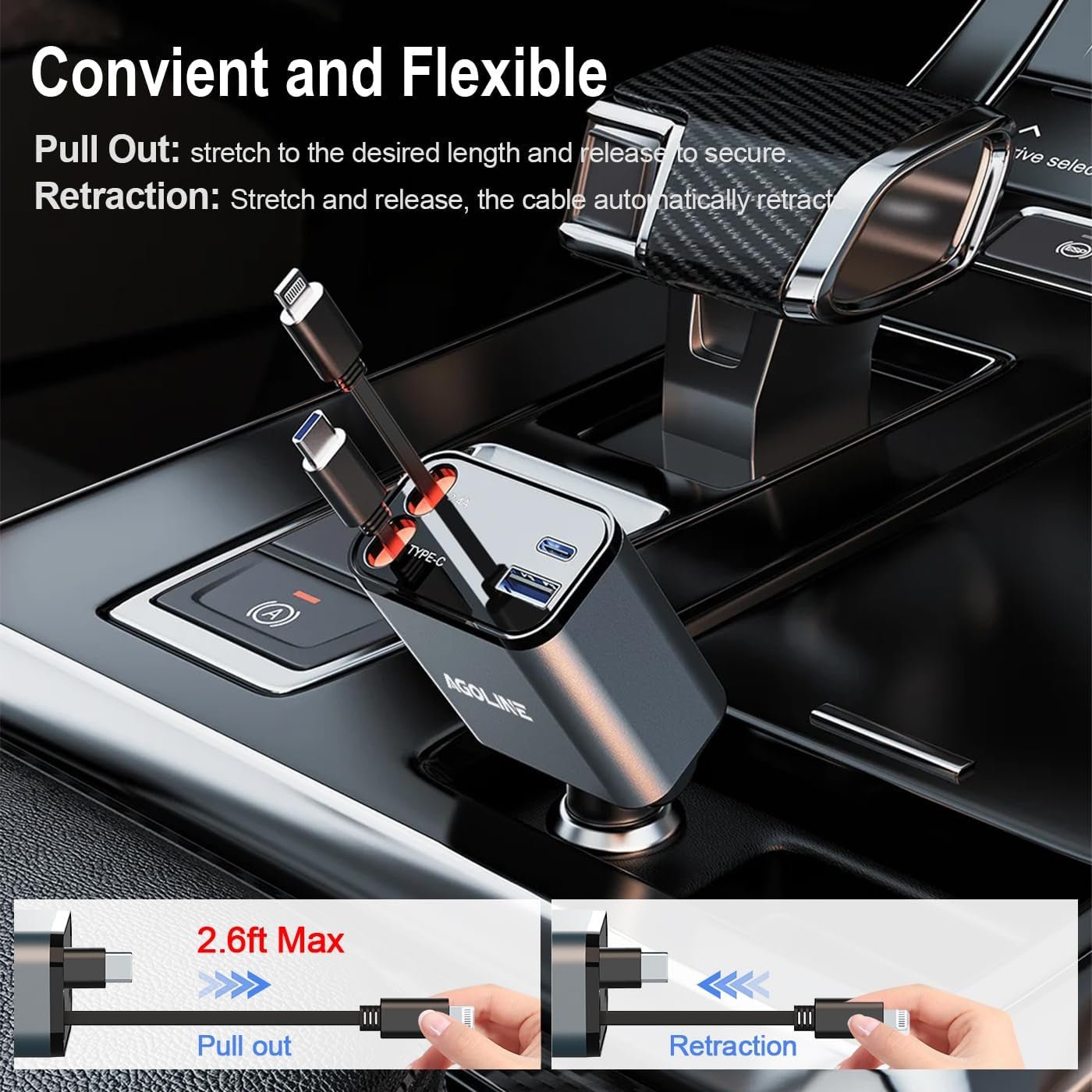 4 in 1 Retractable Car Charger,Smaller Super Fast Car Phone Charger with Retractable Cords, Car Charger Fast Charging,Usb C Car Charger Adpater Compatible with Iphone 16 15 14 13 Pro Max,Galaxy,Pixel - Revved Up Auto