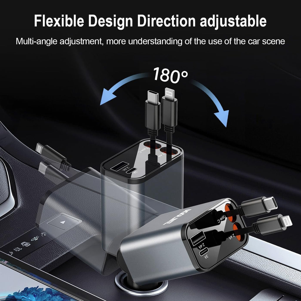 4 in 1 Retractable Car Charger,Smaller Super Fast Car Phone Charger with Retractable Cords, Car Charger Fast Charging,Usb C Car Charger Adpater Compatible with Iphone 16 15 14 13 Pro Max,Galaxy,Pixel - Revved Up Auto