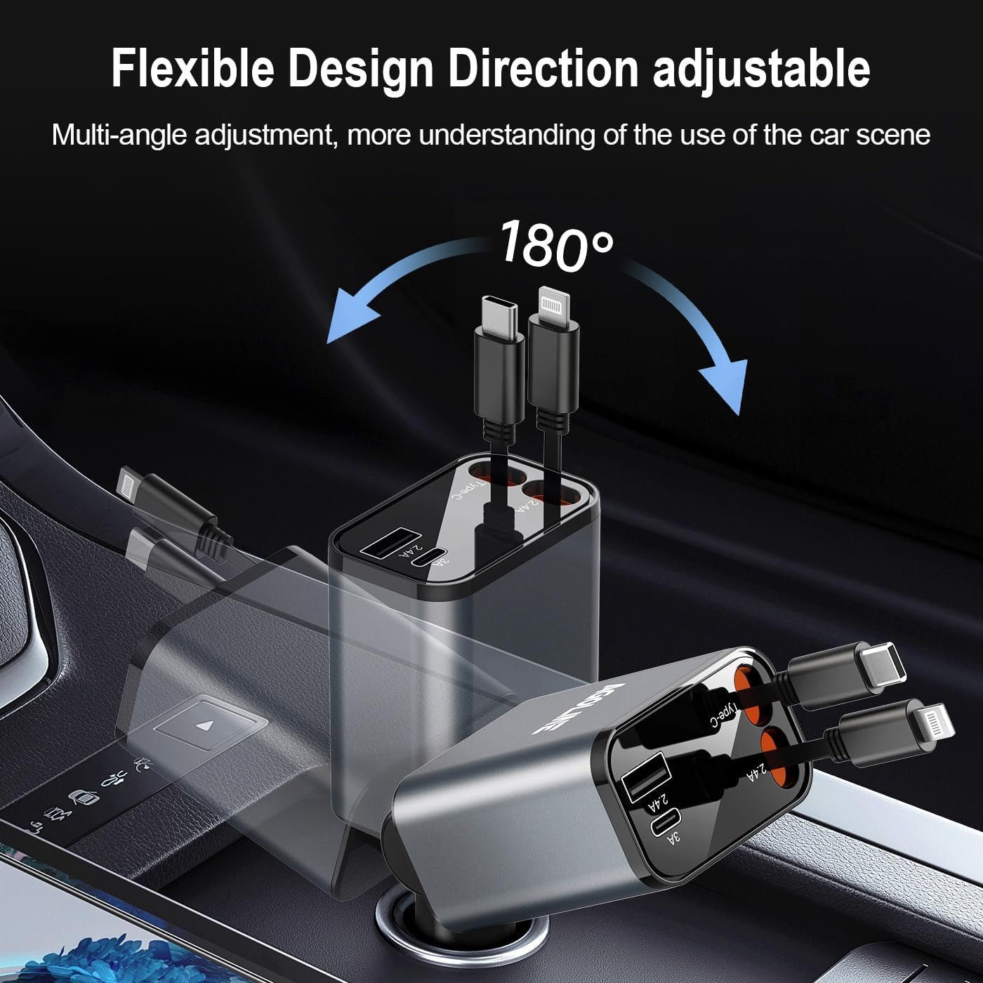 4 in 1 Retractable Car Charger,Smaller Super Fast Car Phone Charger with Retractable Cords, Car Charger Fast Charging,Usb C Car Charger Adpater Compatible with Iphone 16 15 14 13 Pro Max,Galaxy,Pixel - Revved Up Auto