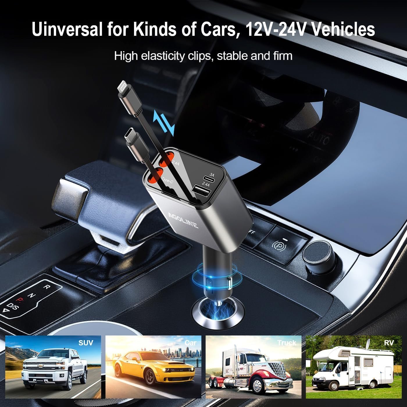 4 in 1 Retractable Car Charger,Smaller Super Fast Car Phone Charger with Retractable Cords, Car Charger Fast Charging,Usb C Car Charger Adpater Compatible with Iphone 16 15 14 13 Pro Max,Galaxy,Pixel - Revved Up Auto