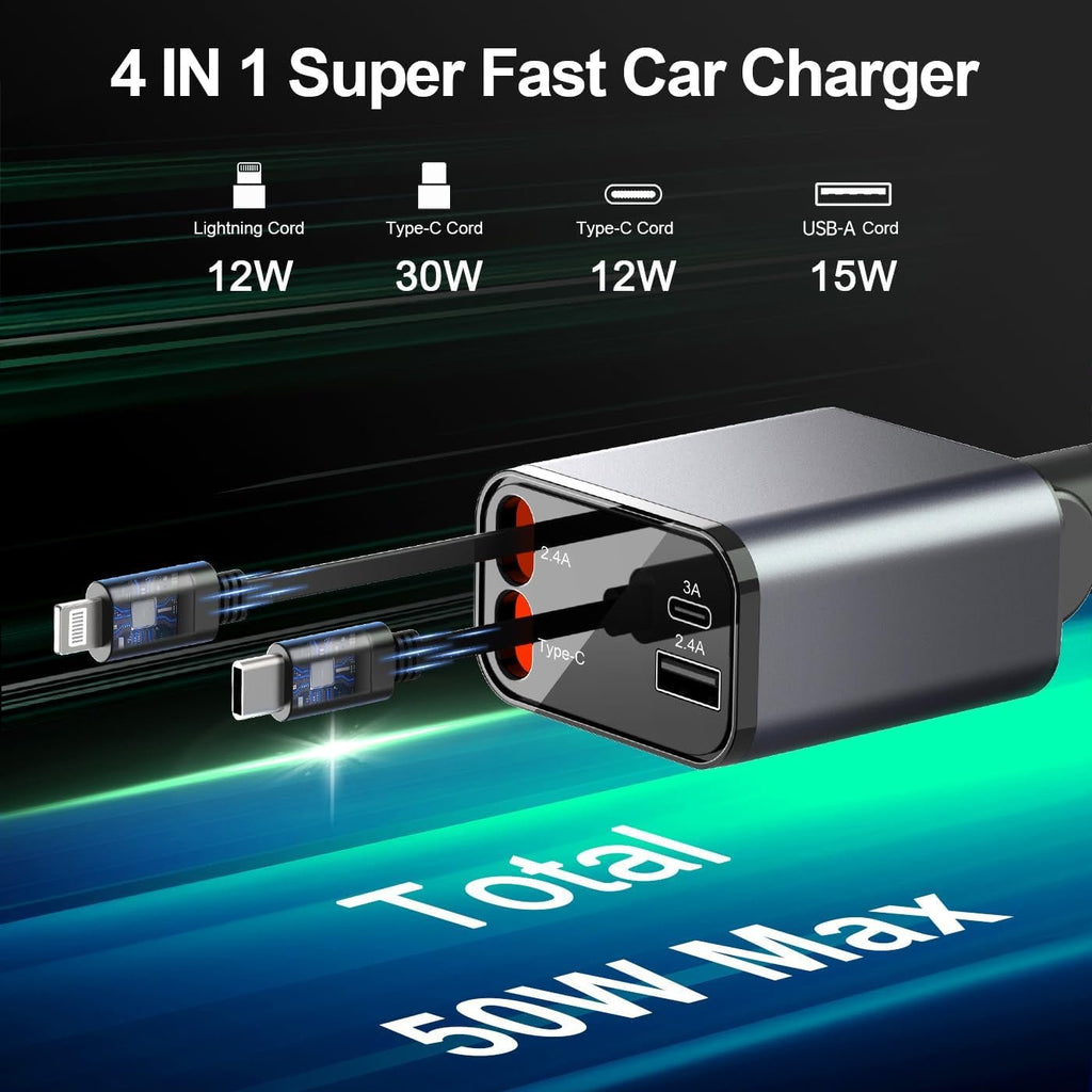 4 in 1 Retractable Car Charger,Smaller Super Fast Car Phone Charger with Retractable Cords, Car Charger Fast Charging,Usb C Car Charger Adpater Compatible with Iphone 16 15 14 13 Pro Max,Galaxy,Pixel - Revved Up Auto