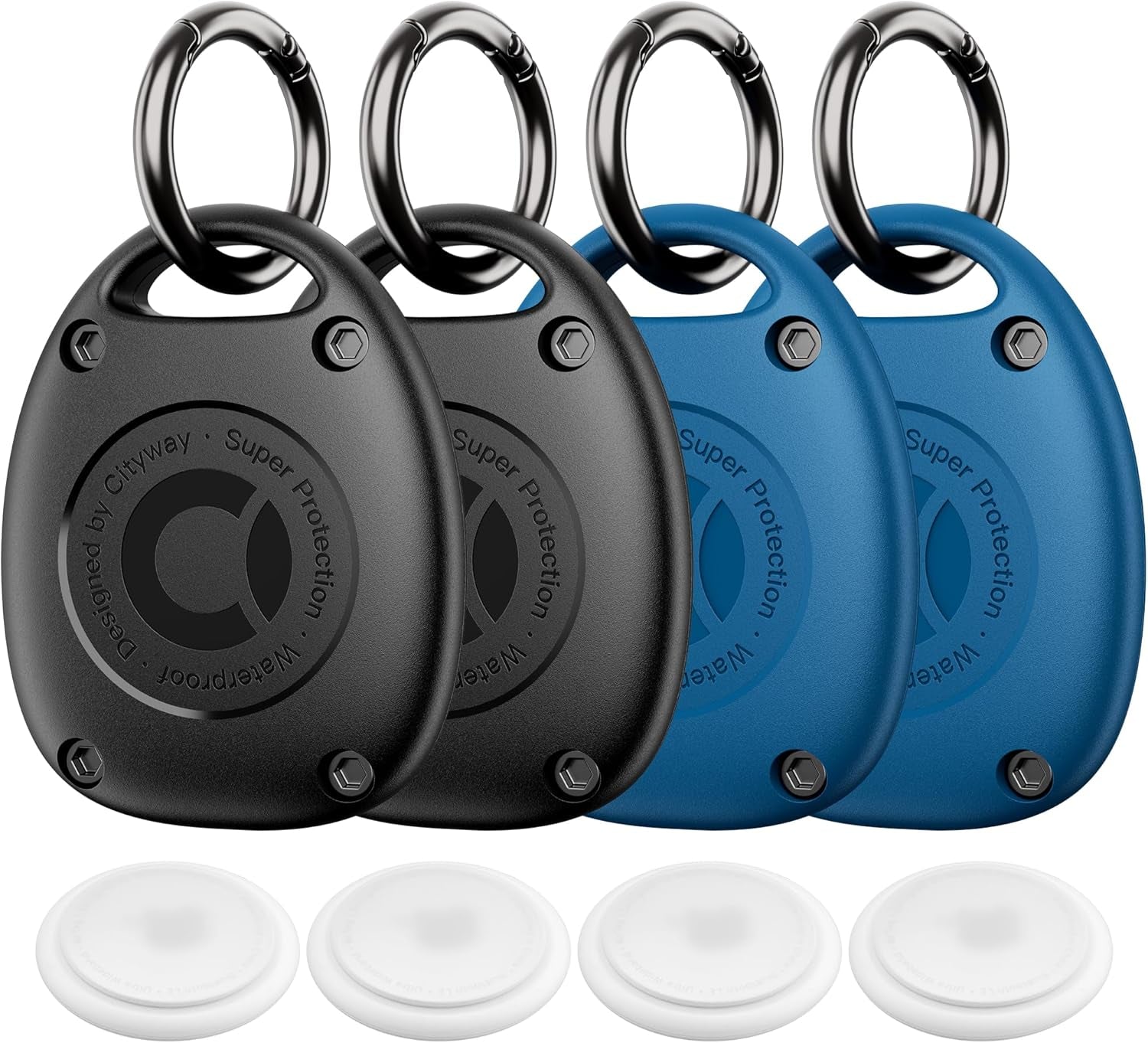 (4 Pack) for Airtag Keychain Holder Case | IPX8 Waterproof, Ultra - Compact | Portable Air Tag Holder Cover for Backpack, Keys, Luggage - 2 Black/2 Blue - Revved Up Auto