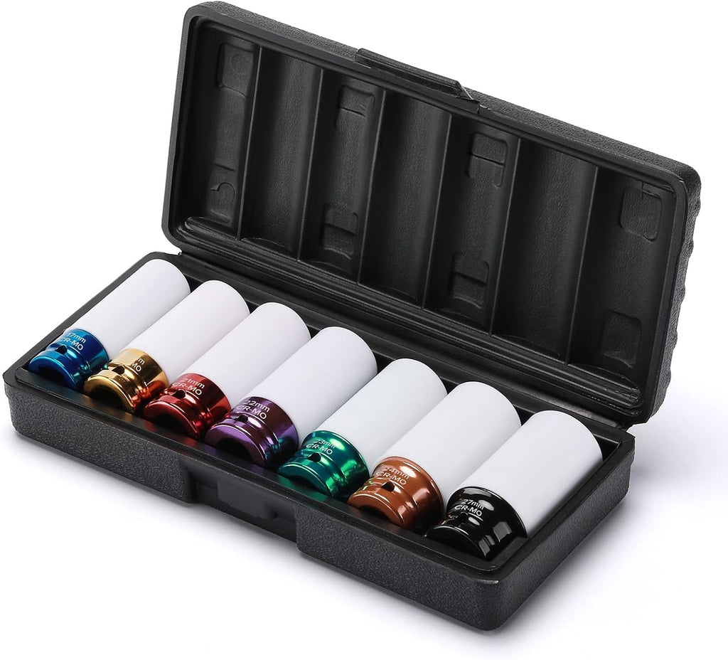 7PCS 1/2" Drive Thin Wall Deep Wheel Protector Impact Socket Set, CR - MO, Lug Nut Impact Socket Set - 17Mm, 19Mm, 21Mm, 22Mm, 23Mm, 24Mm, 27Mm - Revved Up Auto
