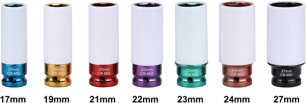 7PCS 1/2" Drive Thin Wall Deep Wheel Protector Impact Socket Set, CR - MO, Lug Nut Impact Socket Set - 17Mm, 19Mm, 21Mm, 22Mm, 23Mm, 24Mm, 27Mm - Revved Up Auto