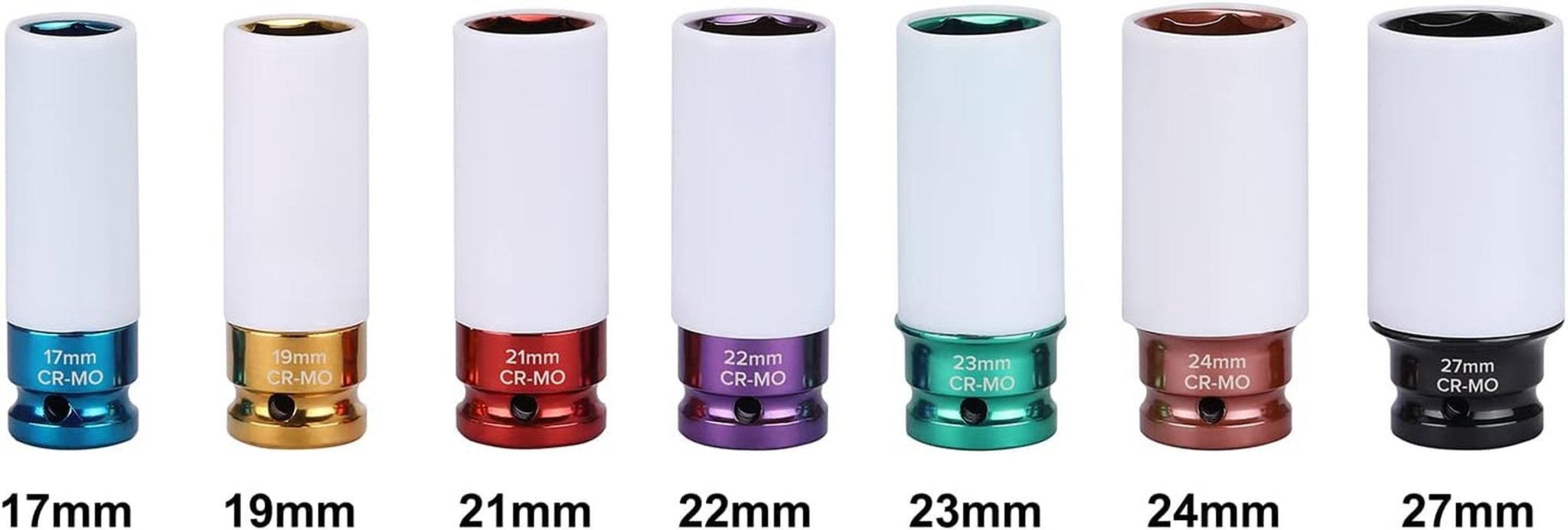 7PCS 1/2" Drive Thin Wall Deep Wheel Protector Impact Socket Set, CR - MO, Lug Nut Impact Socket Set - 17Mm, 19Mm, 21Mm, 22Mm, 23Mm, 24Mm, 27Mm - Revved Up Auto