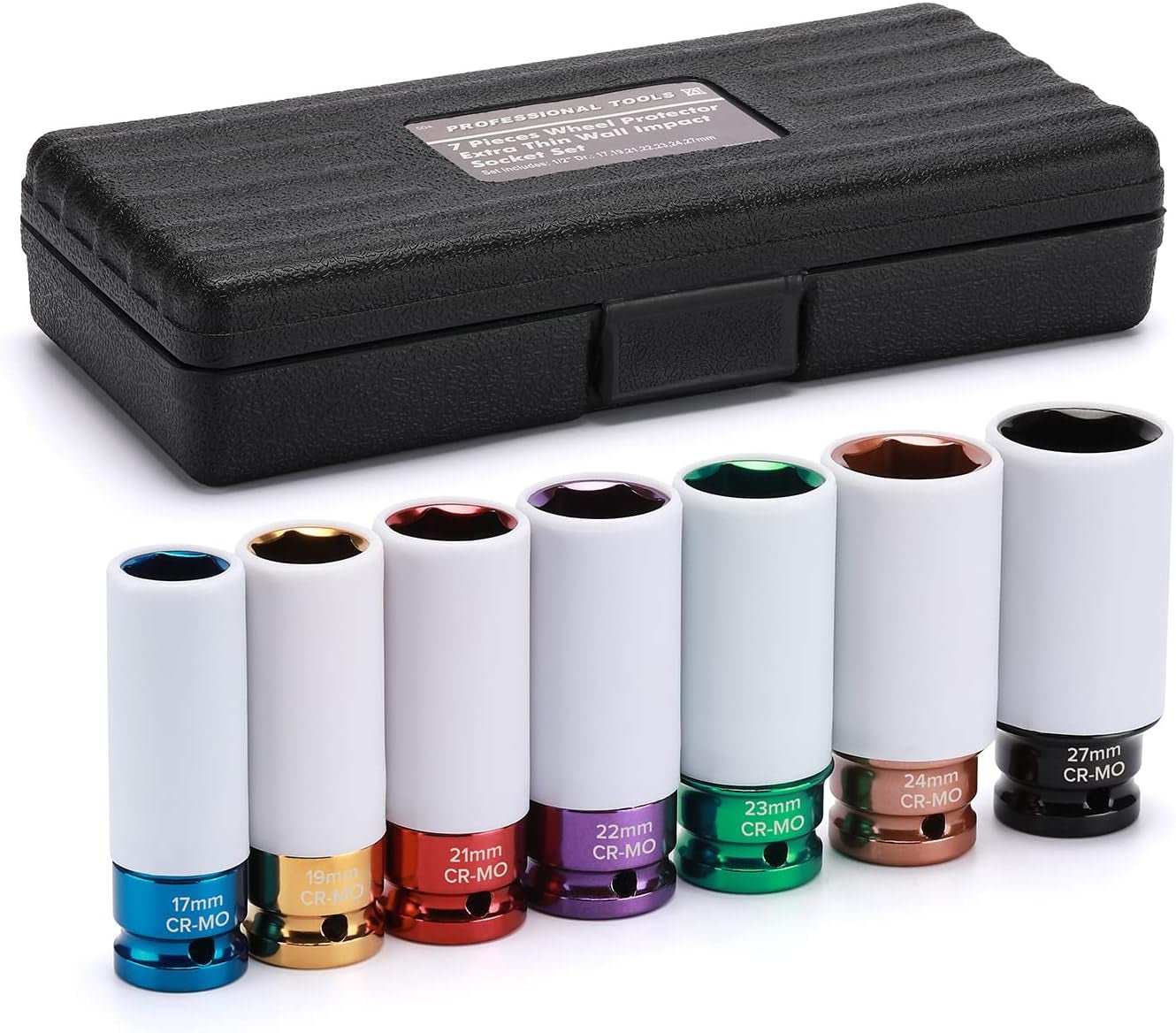 7PCS 1/2" Drive Thin Wall Deep Wheel Protector Impact Socket Set, CR - MO, Lug Nut Impact Socket Set - 17Mm, 19Mm, 21Mm, 22Mm, 23Mm, 24Mm, 27Mm - Revved Up Auto