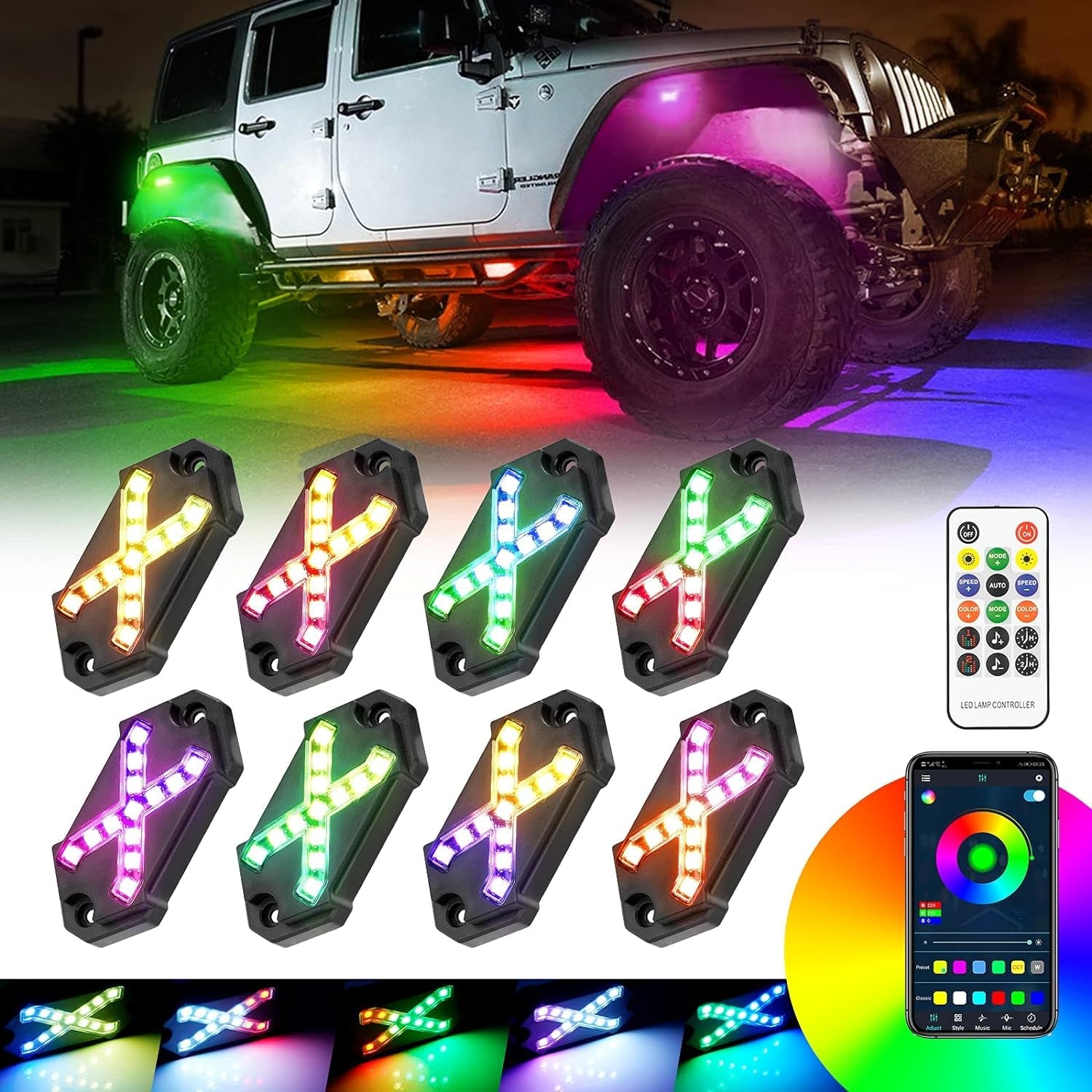 8 Pods RGB Rock Lights Car Neon Underglow Kit Color Changing Exterior Led under Vehicle Lighting Waterproof for Truck Boat Wrangler Jk Jku Jl Tj Utv ATV RZR Golf Cart Gmc - Revved Up Tools