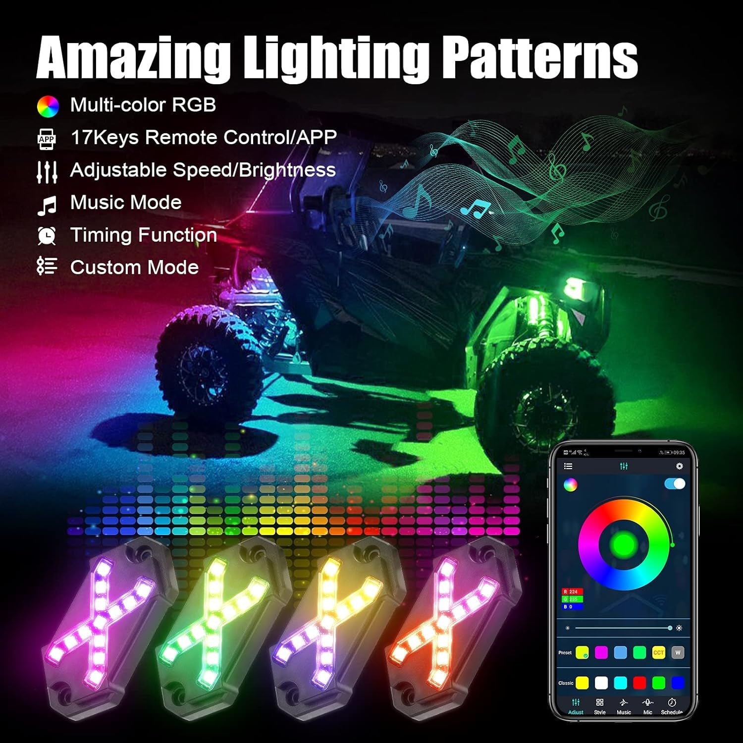 8 Pods RGB Rock Lights Car Neon Underglow Kit Color Changing Exterior Led under Vehicle Lighting Waterproof for Truck Boat Wrangler Jk Jku Jl Tj Utv ATV RZR Golf Cart Gmc - Revved Up Tools