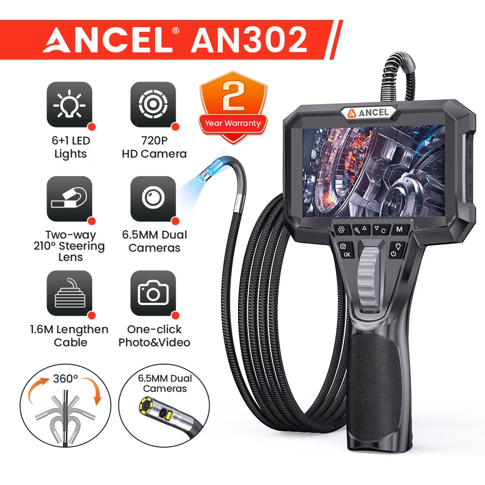 AN302 Automotive Endoscope Two-Way Articulating Borescope with 7 LED Lights Dual Camera HD Endoscope Car Inspection Tools