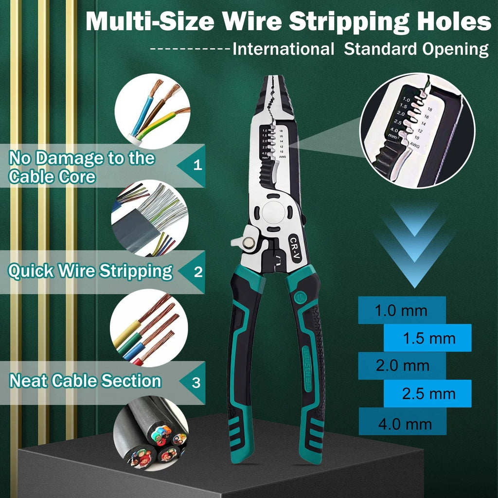9 in 1 Multipurpose Wire Stripper, 9’’ Heavy Duty Super Tough Electrical Wire Pliers Crimper, Electrical Lineman Wire Stripper Tool with Wire Cutter, Wiring Tools - Revved Up Auto