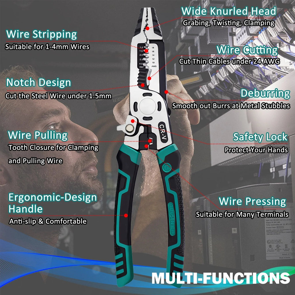 9 in 1 Multipurpose Wire Stripper, 9’’ Heavy Duty Super Tough Electrical Wire Pliers Crimper, Electrical Lineman Wire Stripper Tool with Wire Cutter, Wiring Tools - Revved Up Auto