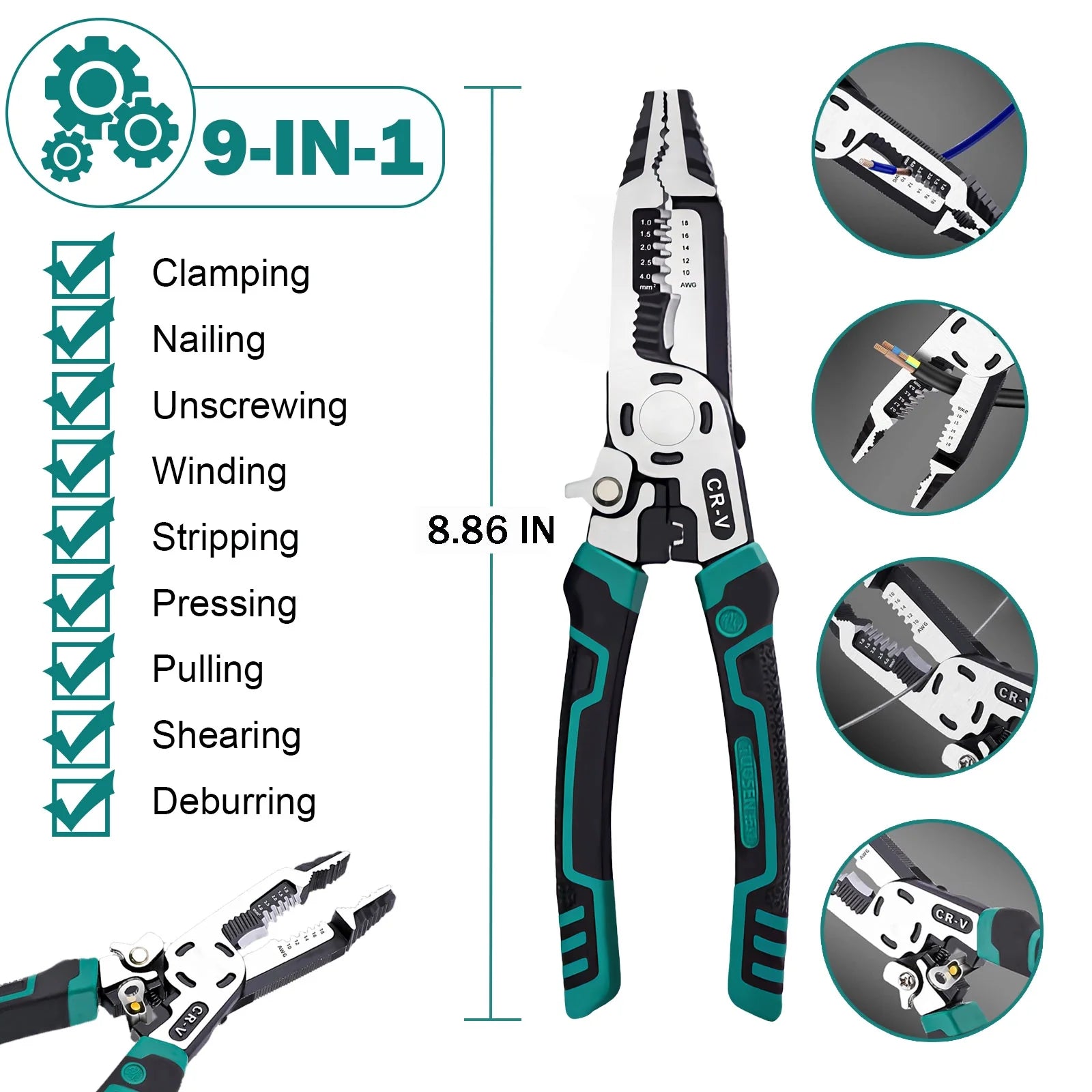 9 in 1 Multipurpose Wire Stripper, 9’’ Heavy Duty Super Tough Electrical Wire Pliers Crimper, Electrical Lineman Wire Stripper Tool with Wire Cutter, Wiring Tools - Revved Up Auto