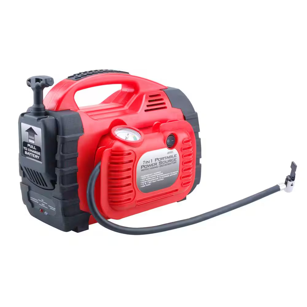 12-Volt/Usb Power 7-In-1 Portable Power Station, Jump Starter, Air Compressor, Manual Generator, Battery Charger