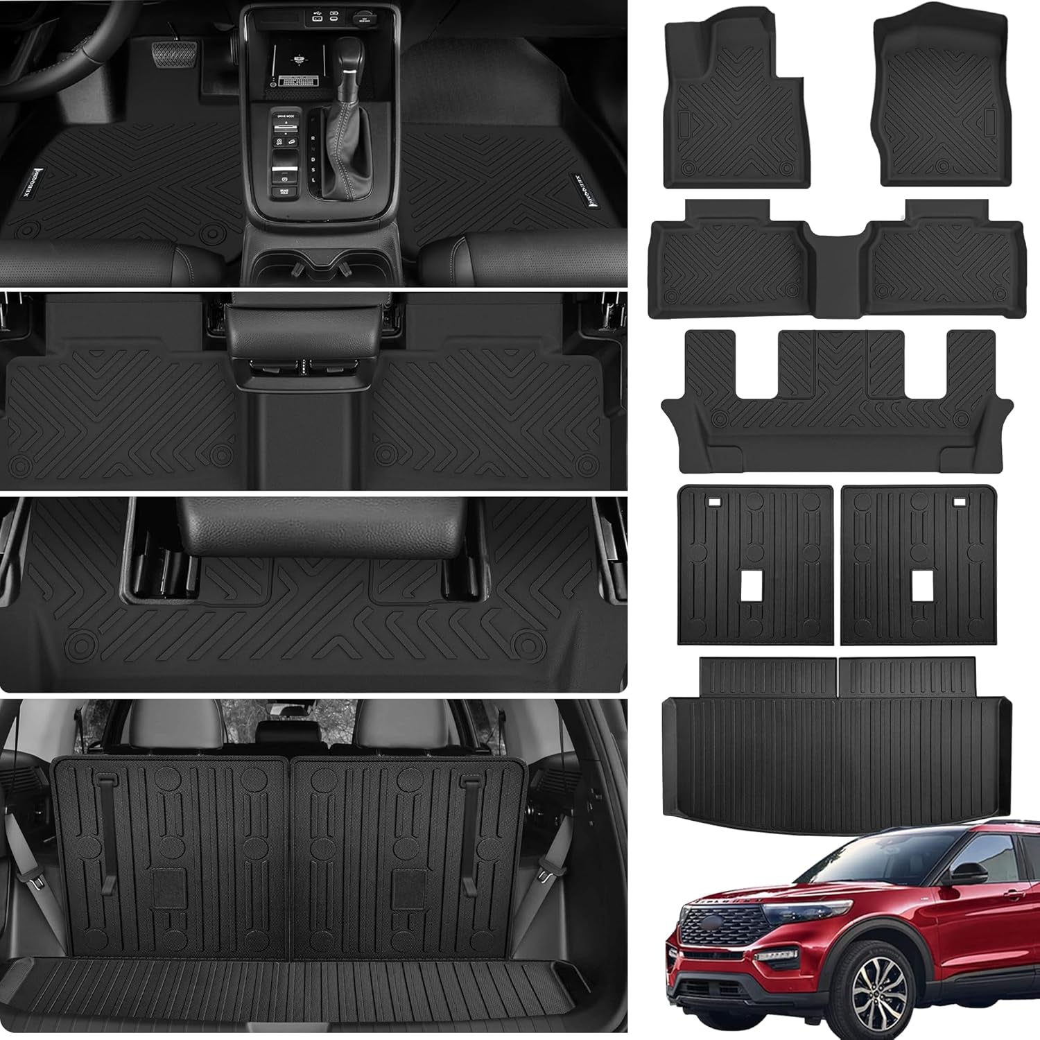 Floor Mats &Trunk Mat for 2020-2025 Ford Explorer 6 Seats with Backrest Mat All Weather TPE Rubber Cargo Liner for 2020-2025 Ford Explorer Accessories