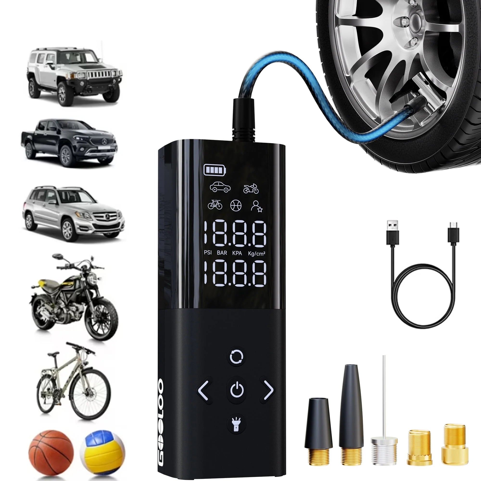 AP150 Tire Inflator Portable Air Compressor, 150 PSI Cordless Tire Pump with Digital Pressure Gauge, LED Light, Auto-Shutoff for Cars Bikes Motorcycles Balls - Revved Up Tools
