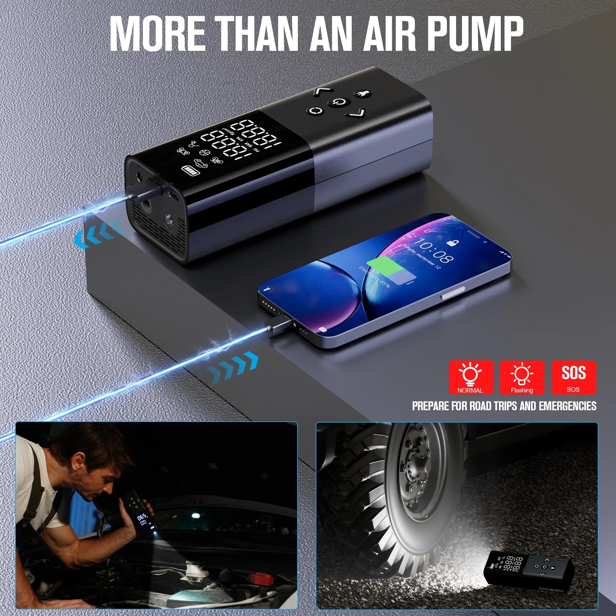 AP150 Tire Inflator Portable Air Compressor, 150 PSI Cordless Tire Pump with Digital Pressure Gauge, LED Light, Auto-Shutoff for Cars Bikes Motorcycles Balls - Revved Up Tools