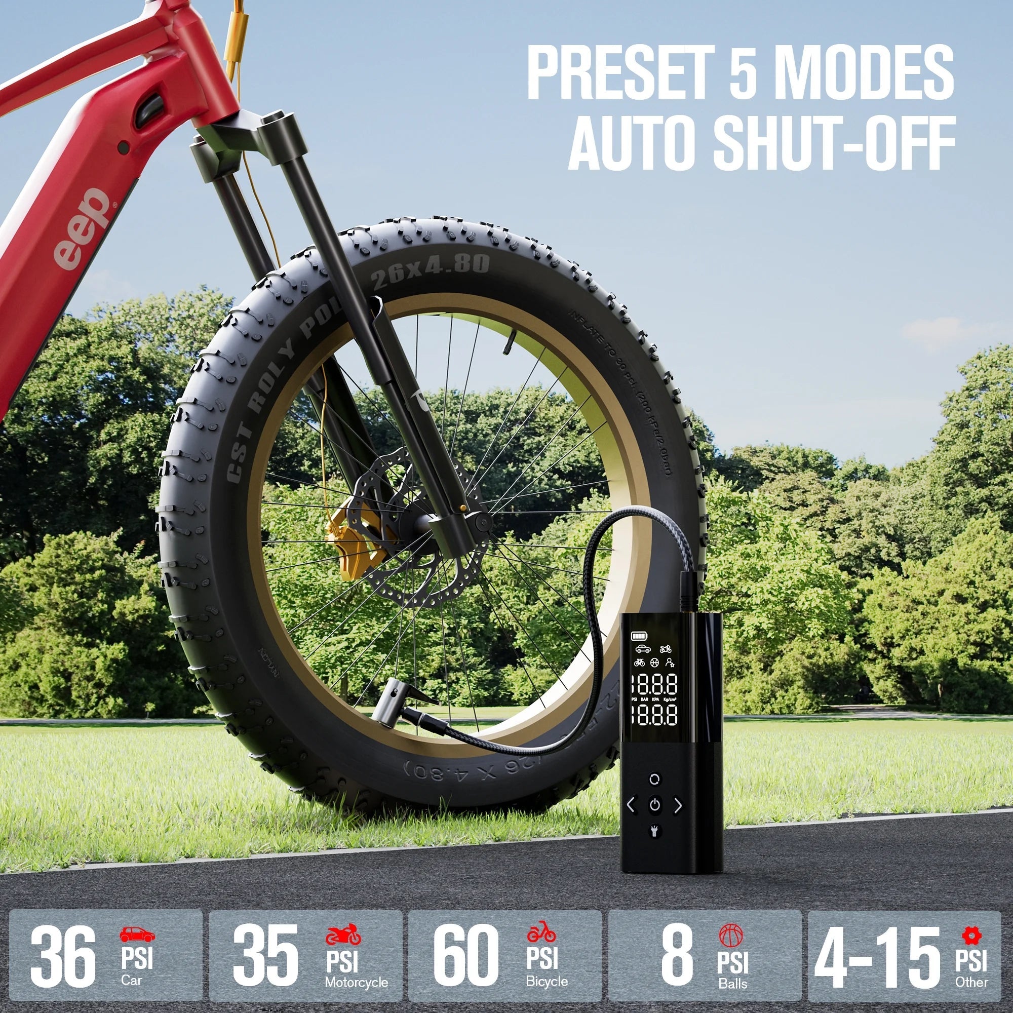 AP150 Tire Inflator Portable Air Compressor, 150 PSI Cordless Tire Pump with Digital Pressure Gauge, LED Light, Auto-Shutoff for Cars Bikes Motorcycles Balls - Revved Up Tools