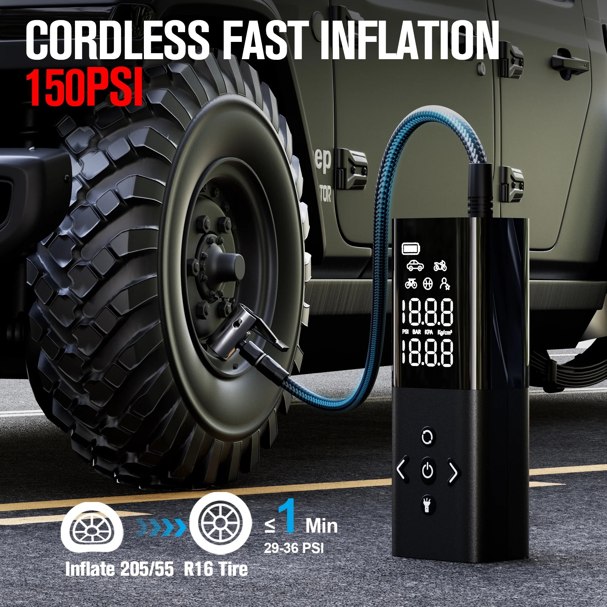 AP150 Tire Inflator Portable Air Compressor, 150 PSI Cordless Tire Pump with Digital Pressure Gauge, LED Light, Auto-Shutoff for Cars Bikes Motorcycles Balls - Revved Up Tools