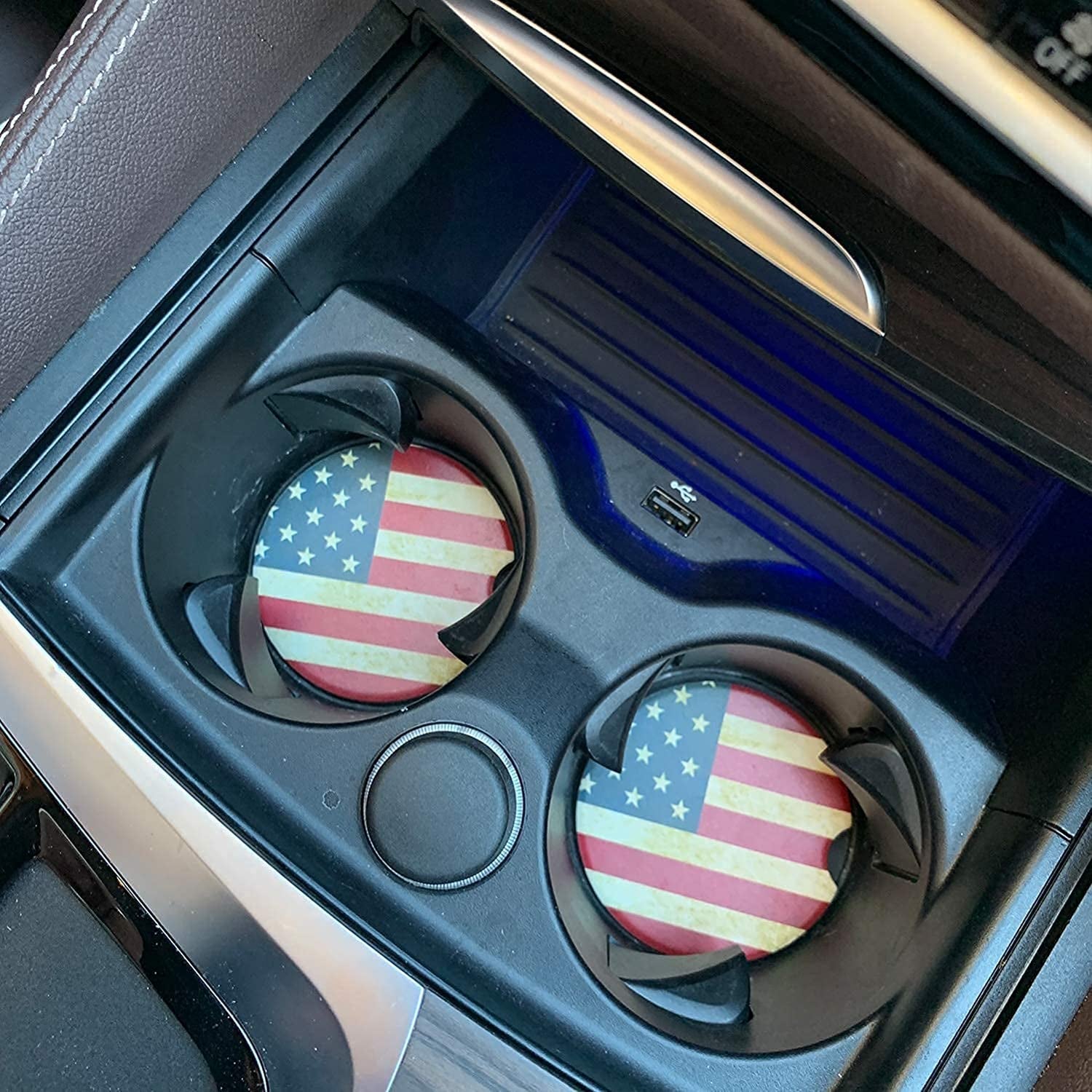 Car Coasters 2 Pack, Small 2.56" Stone Car Cupholder Absorbent Coaster Set for Women Men Drink Cup Holder Coasters (USA Flag) - Revved Up Tools