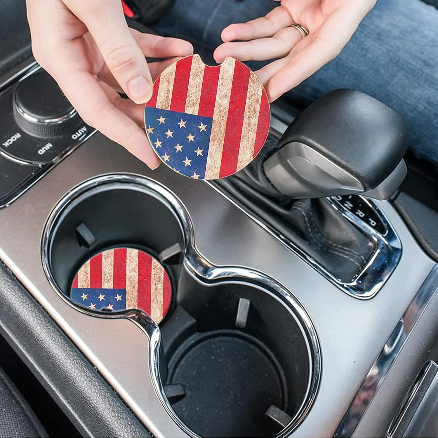 Car Coasters 2 Pack, Small 2.56" Stone Car Cupholder Absorbent Coaster Set for Women Men Drink Cup Holder Coasters (USA Flag) - Revved Up Tools