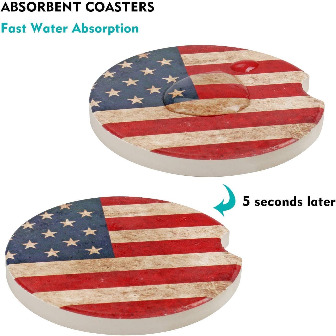 Car Coasters 2 Pack, Small 2.56" Stone Car Cupholder Absorbent Coaster Set for Women Men Drink Cup Holder Coasters (USA Flag) - Revved Up Tools