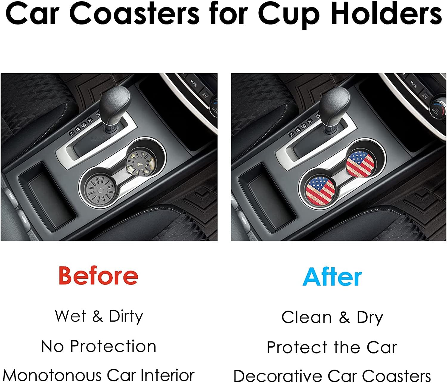 Car Coasters 2 Pack, Small 2.56" Stone Car Cupholder Absorbent Coaster Set for Women Men Drink Cup Holder Coasters (USA Flag) - Revved Up Tools