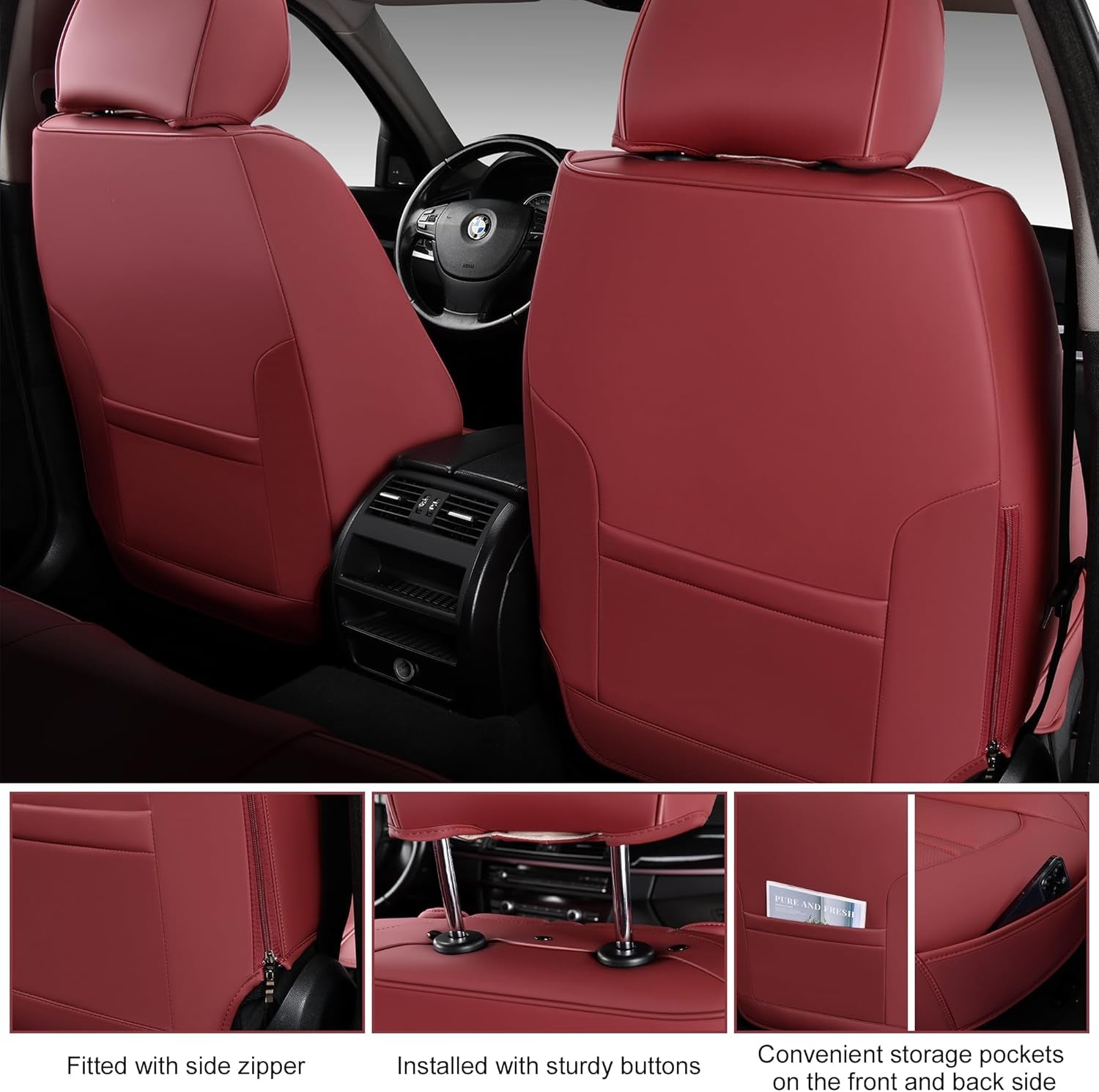Car Seat Covers Full Set, Front and Rear Seat Covers for Cars, Leatherette Auto Seat Protectors Car Interior Accessories, Car Seat Cushions Fit for Most Sedans SUV Pick - Up Truck, Winered - Revved Up Auto