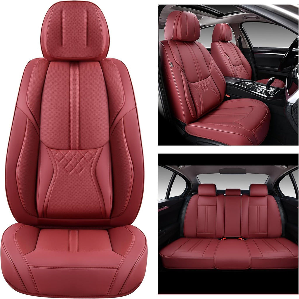 Car Seat Covers Full Set, Front and Rear Seat Covers for Cars, Leatherette Auto Seat Protectors Car Interior Accessories, Car Seat Cushions Fit for Most Sedans SUV Pick - Up Truck, Winered - Revved Up Auto